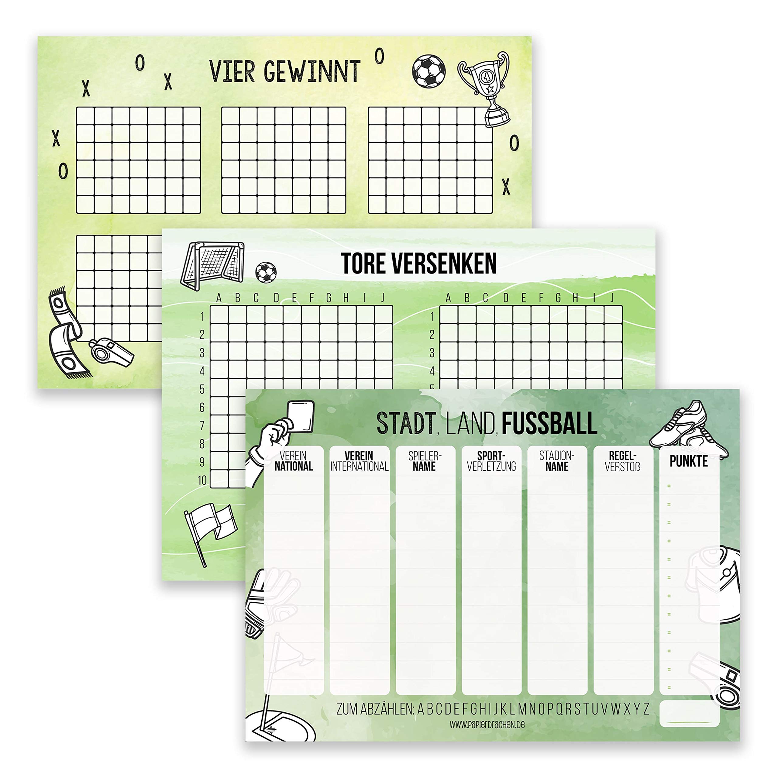 Papierdrachen 3 Play Blocks for Children and Adults: City Country River, Ships Sink, Four Win - for Train and Car Ride - 50 Sheets Each - City Country Football - Travel Game - 3 DIN A5 Pads