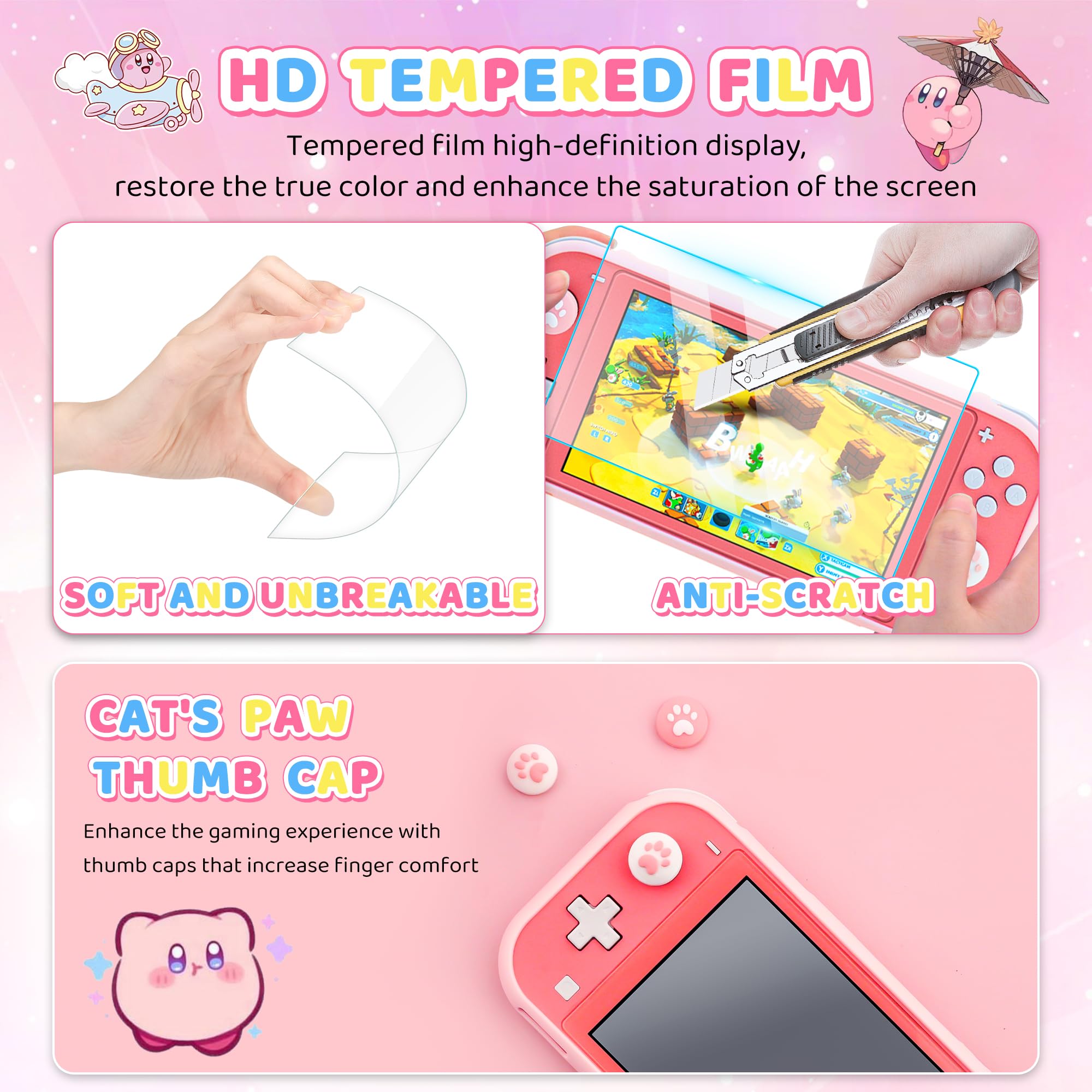 HYPERCASE Kit custodia per Switch Lite con custodia da viaggio rosa per accessori Lite, cover Softshell Switch Lite, pellicola protettiva per schermo HD, tracolla e 2 tappi per pollice Kawaii