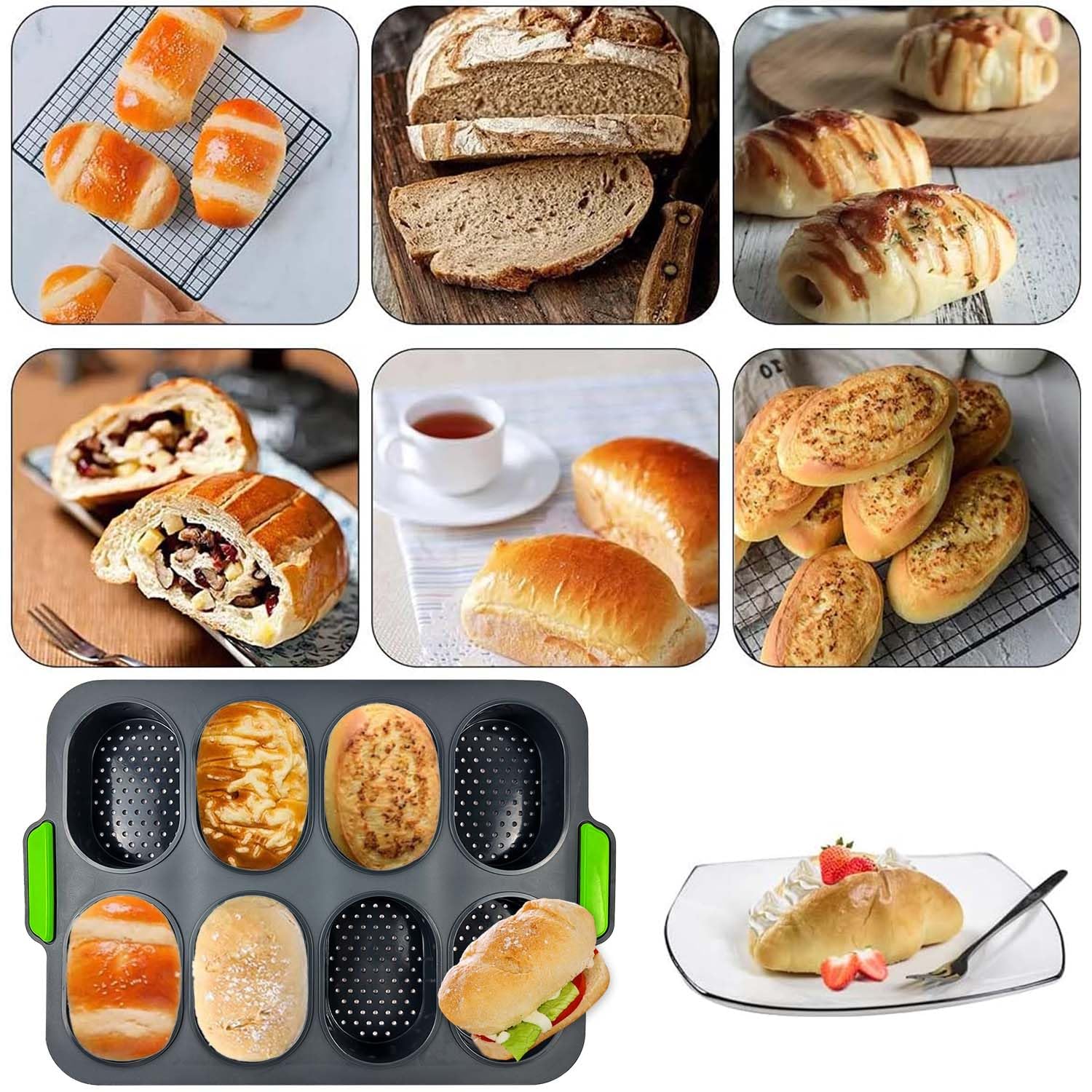 Mini bagietka do pieczenia bułek, forma do pieczenia bułek, nieprzywierająca, silikonowa forma do bagietek, tacka na chrupnięcie chleba, 8 sztuk (ciemnoszara)