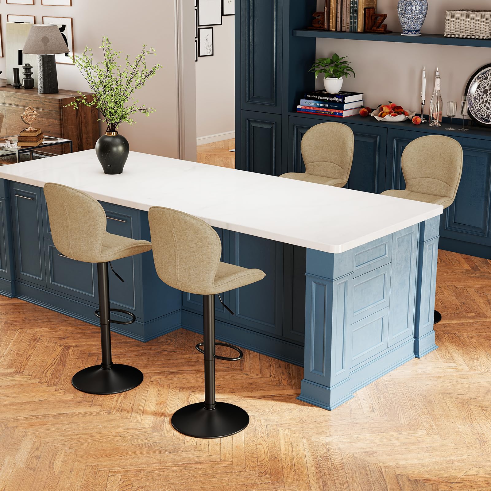 LEWE Taburetes Altos de Cocina Bar, Regulables Giratorios, Pack 2-Caqui | Sillas Altas de Cocina, Respaldo de Tela, Reposapiés Metálico, Escandinavo Moderno, para Isla de Cocina, Bar, Comedor