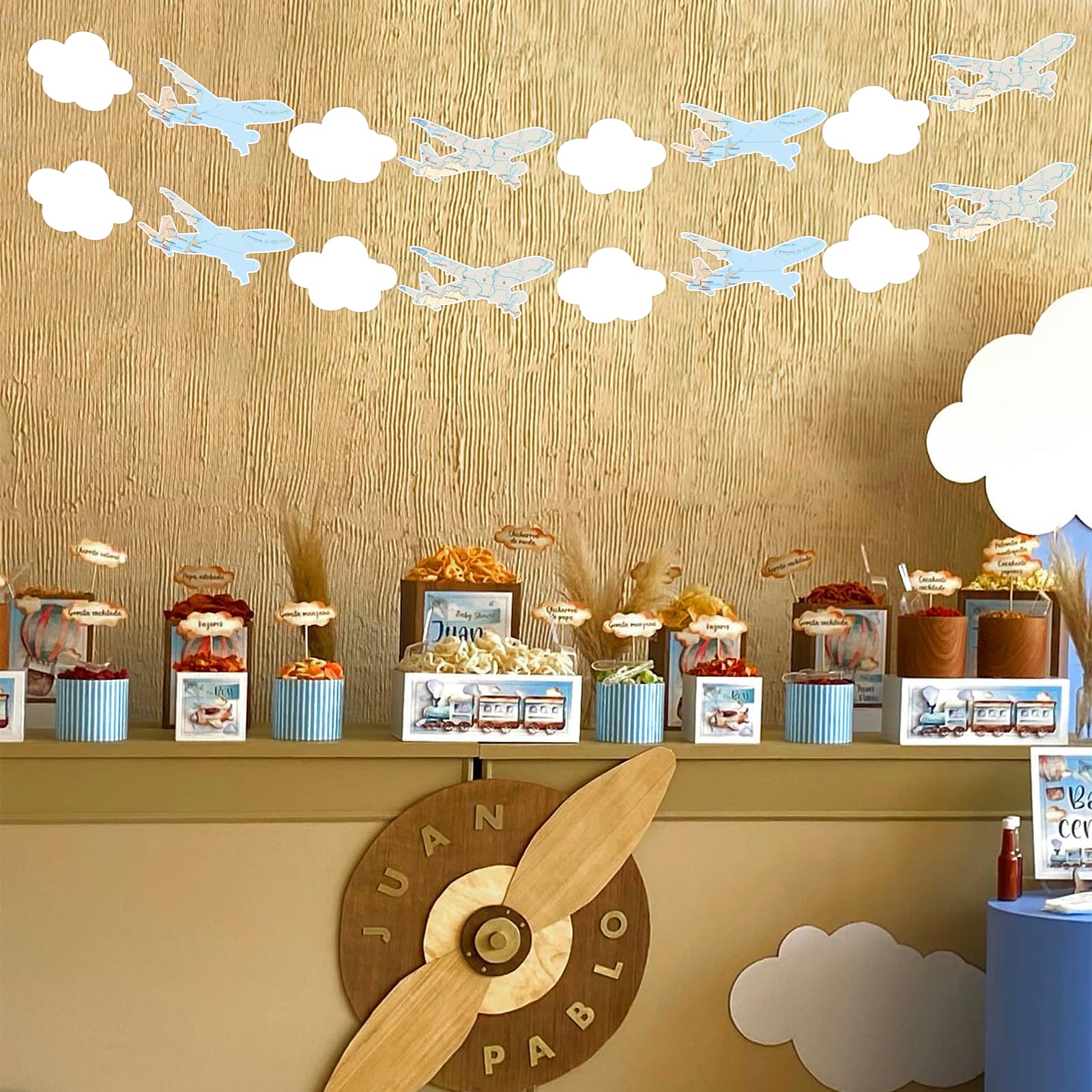 Ghirlanda Di Nuvole E Aeroplani - Striscione Per Feste A Tema Aereo, Pensionamento O Compleanno, Decorazione In Carta Pretagliata - 3