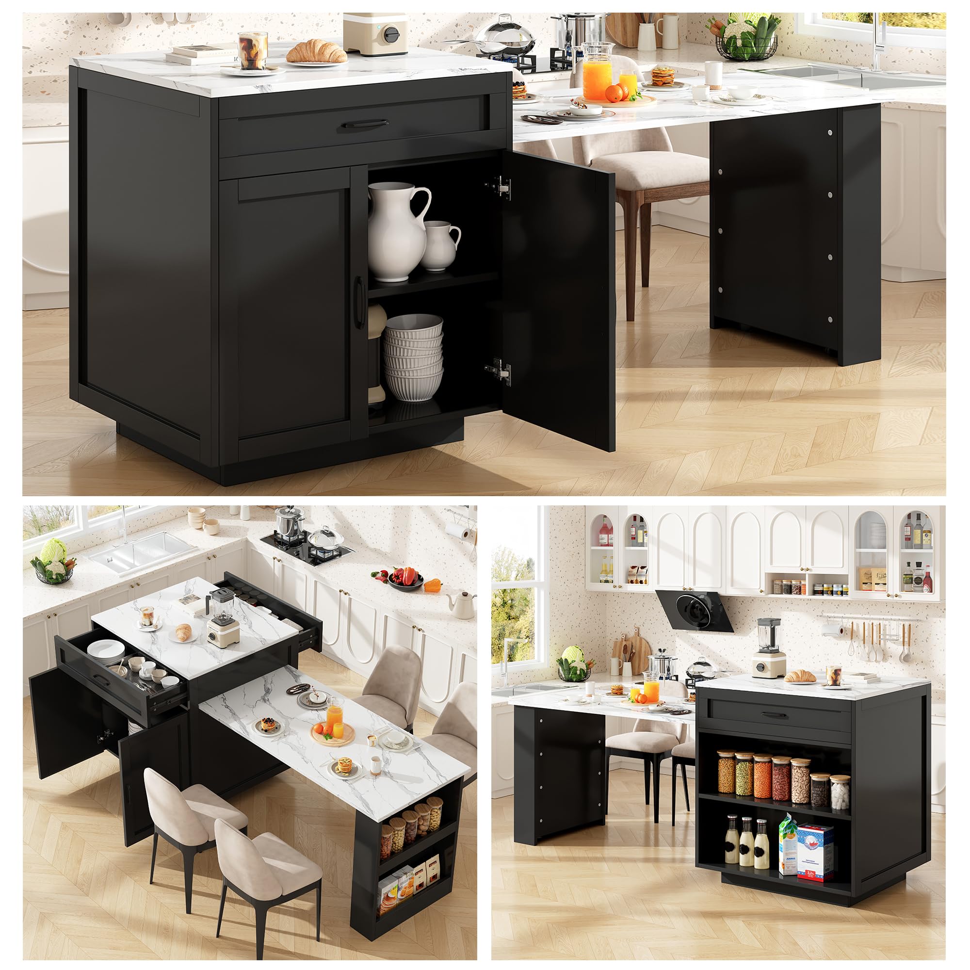 Îlot Central Cuisine sur roulettes avec Table Extensible 2-6 Personnes 133-202cm, Meuble Cuisine avec Plan de Travail, Desserte de Cuisine avec Plateau Effet Marbre Haut de Gamme