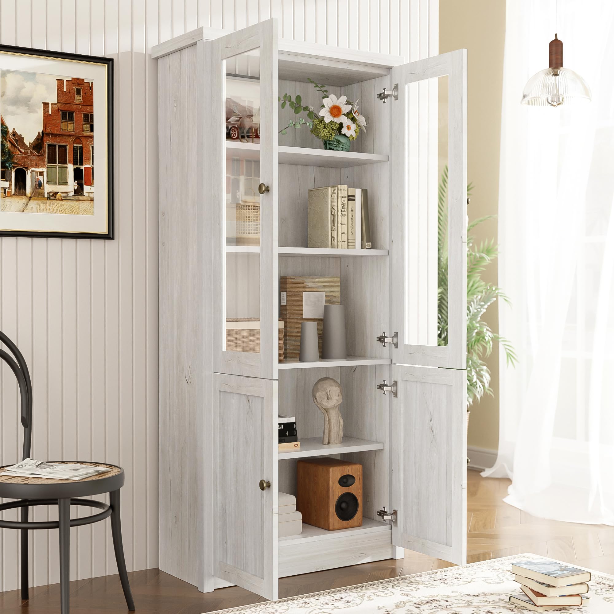 Armario alto de cristal de 171 cm de altura, con 2 puertas de cristal y estante, archivadores, buffet, armario de cocina, aspecto de madera, para salón, oficina y pasillo (color blanco con puertas)
