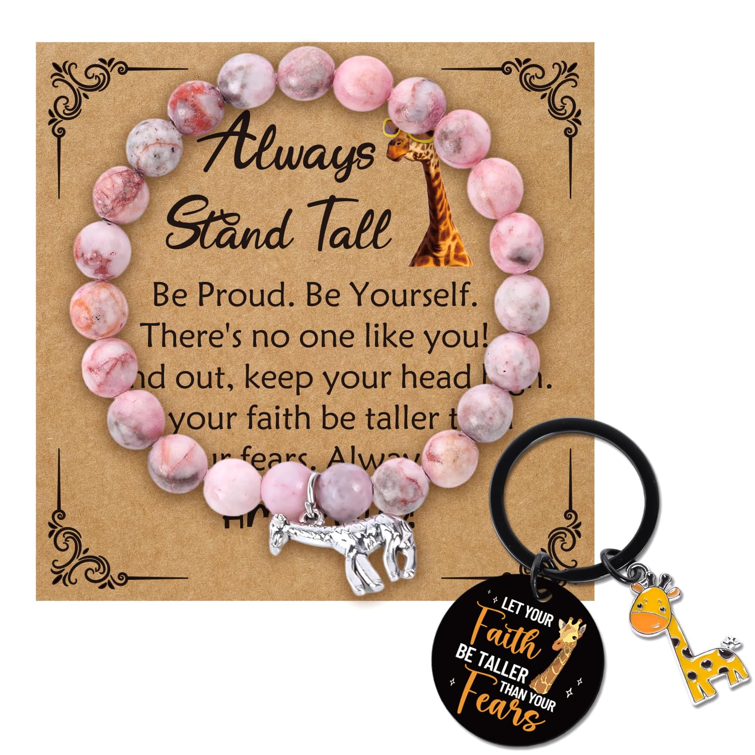 2 Pcs Inspirational Giraffe Gifts for Women, Animal Tracking Bracelet Giraffe Keychain Gift Set for Women, Religious Faith-Based Gifts for Girl Sister Female Friends Coworker Christians