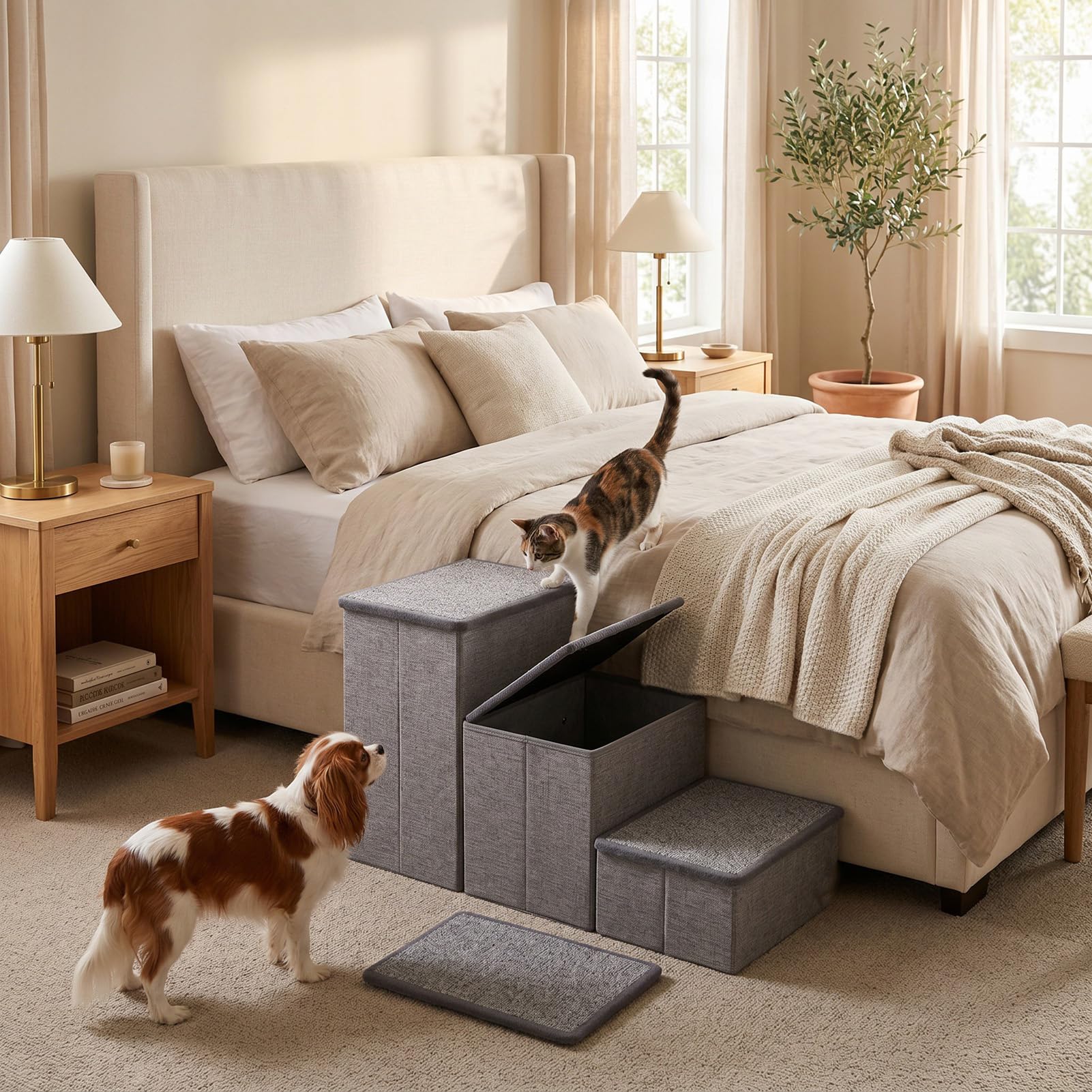 Scale per Cani 3 Gradini Pieghevoli Antiscivolo Grigio per Cani | Scaletta per Animali Domestici, Tessuto in Poliestere, Telaio Solido, Superficie Antiscivolo, Accesso a Letto e Divano, per