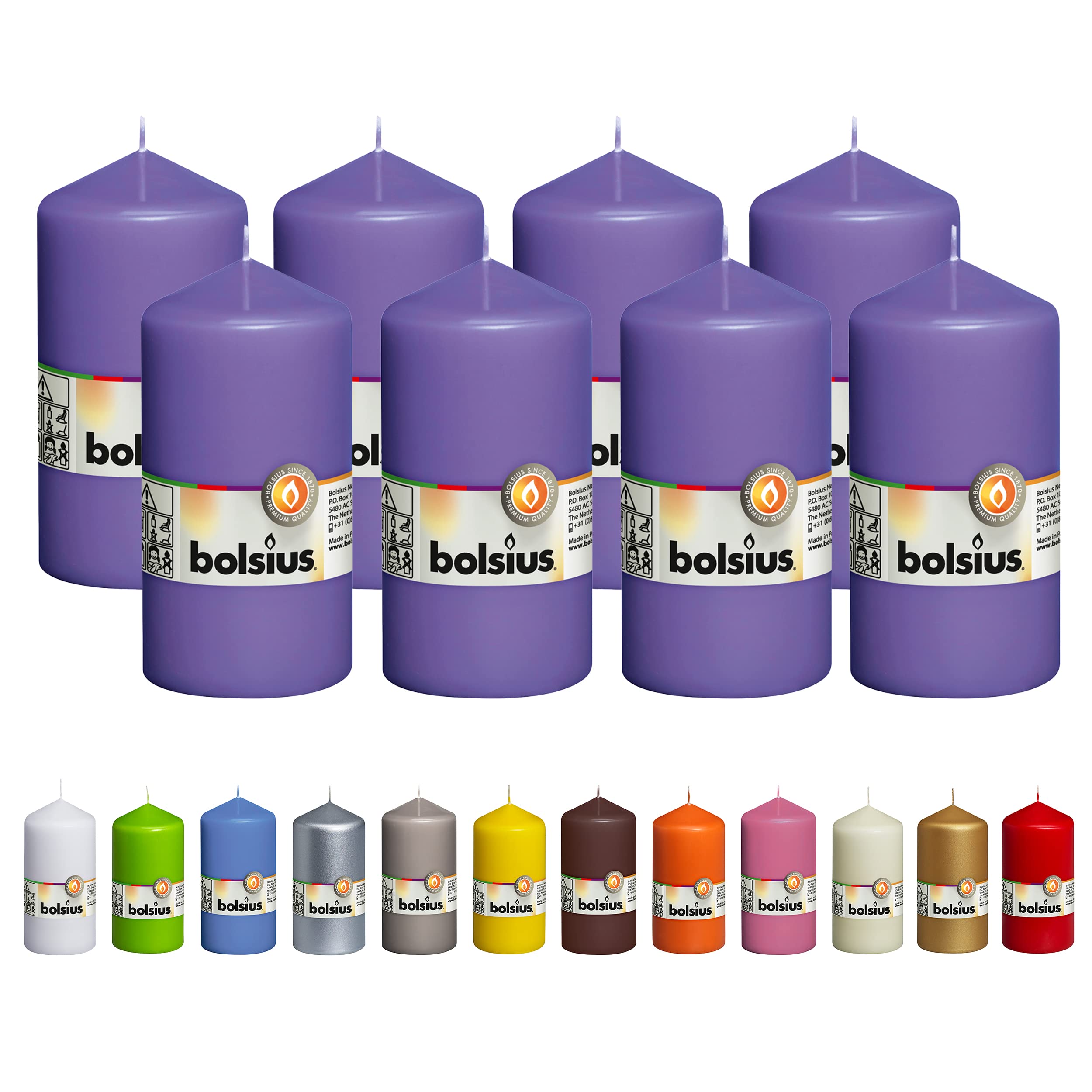 bolsius 8 purple pillar candles - 2.75 x 5 inches - premium european quality - individually wrapped - 43 hours burn time - dripless & smokeless - unscented dinner, wedding, party, & restaurant candles