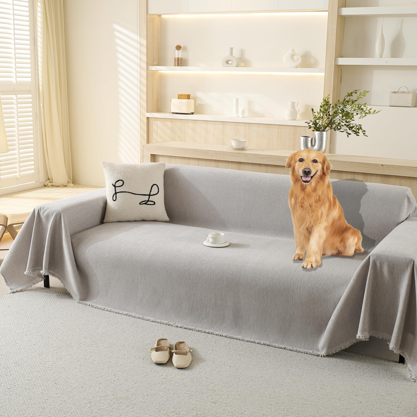 Photo 1 of 100% Waterproof Couch Cover Sofa Covers for Sectional Couches Reclining Armseat/Chair/Futon Sofa SlipCover for Dog Pet-Friendly Furniture Protector for Living Room with Tassel(91" x 134", Light Gray)
