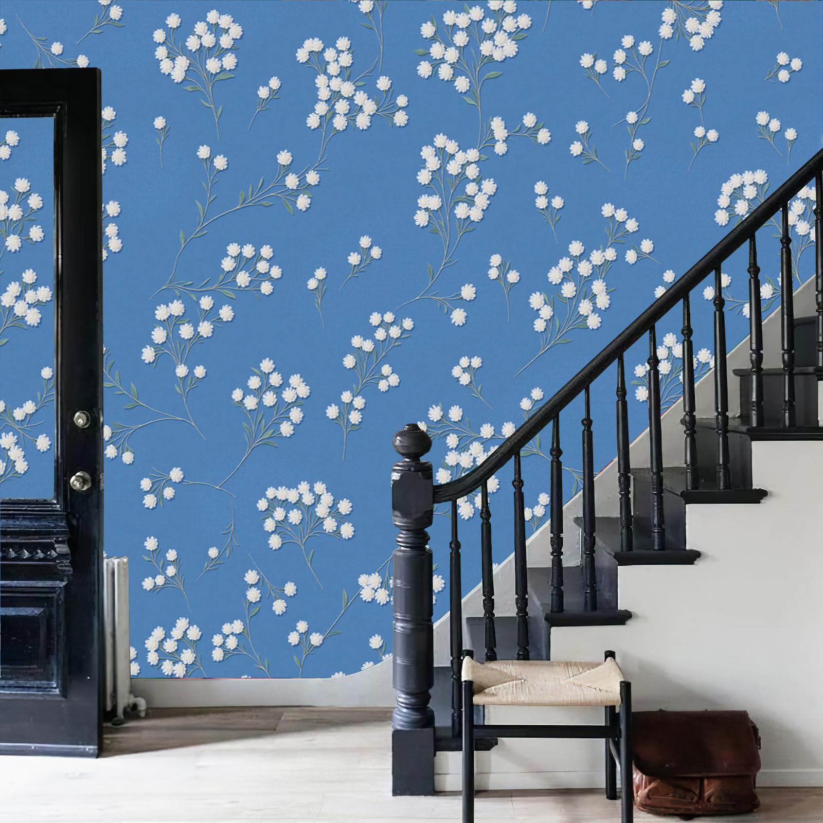 Imprimé floral élégant sur papier peint intissé haut de gamme bleu décoration murale 400x280cm