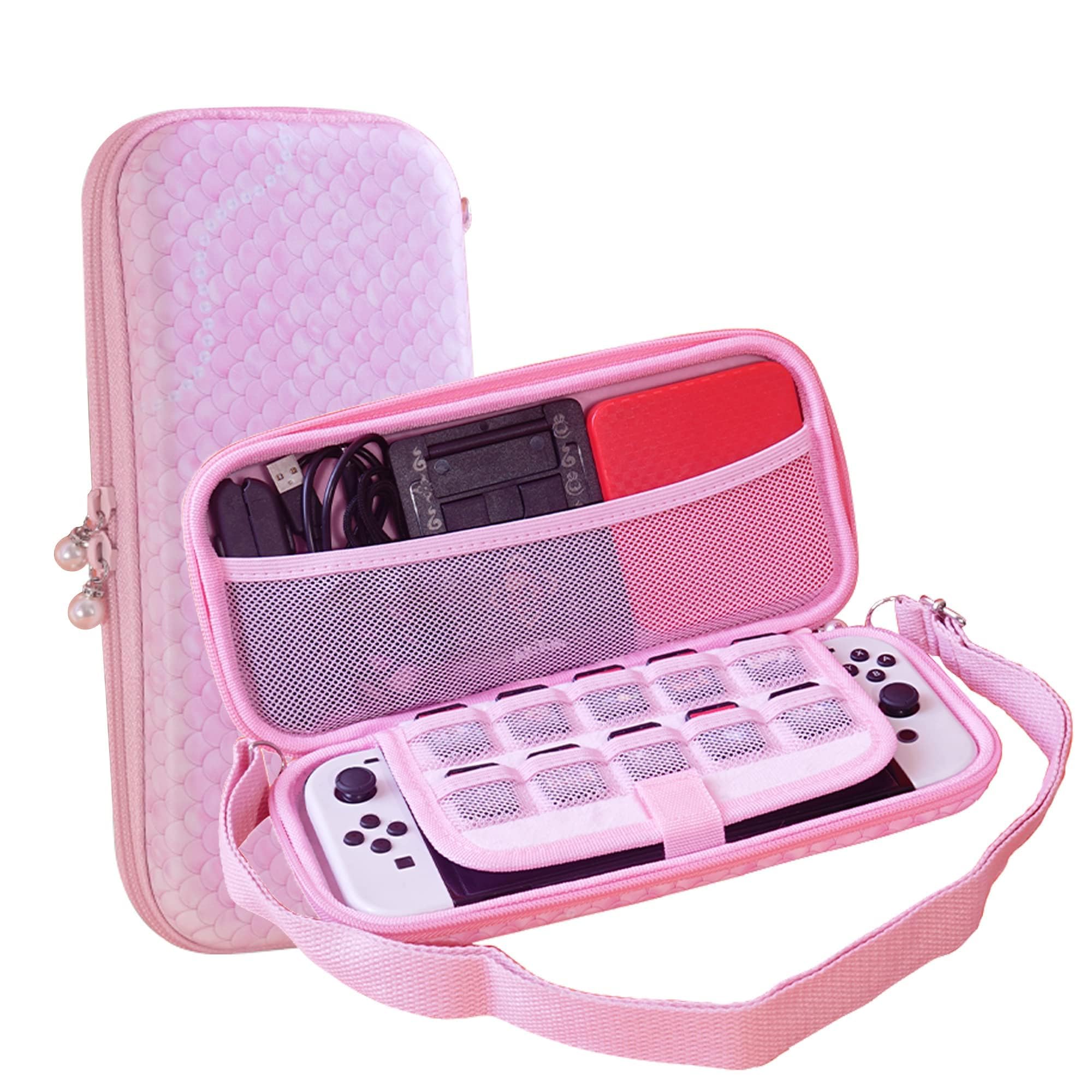 Funda de transporte compatible con Nintendo Switch OLED/Switch, bolsa protectora de carcasa rígida con 10 ranuras para tarjetas de juego para la consola Switch y sus accesorios (escama de pez rosa)