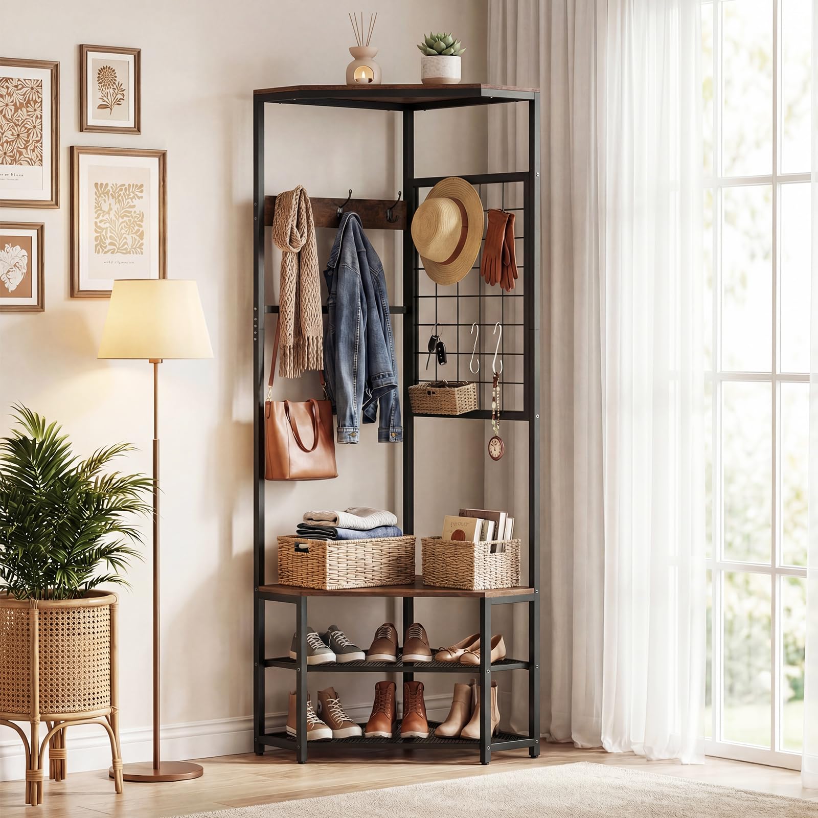 COSTWAY 3 in 1 Eckgarderobe Metall, platzsparende Garderobenständer mit 4 Haken, 2 Schuhregalen & Anti-Kipp-Set, freistehende Kleiderständer für Flur & Schlafzimmer, 49 x 49 x 171 cm