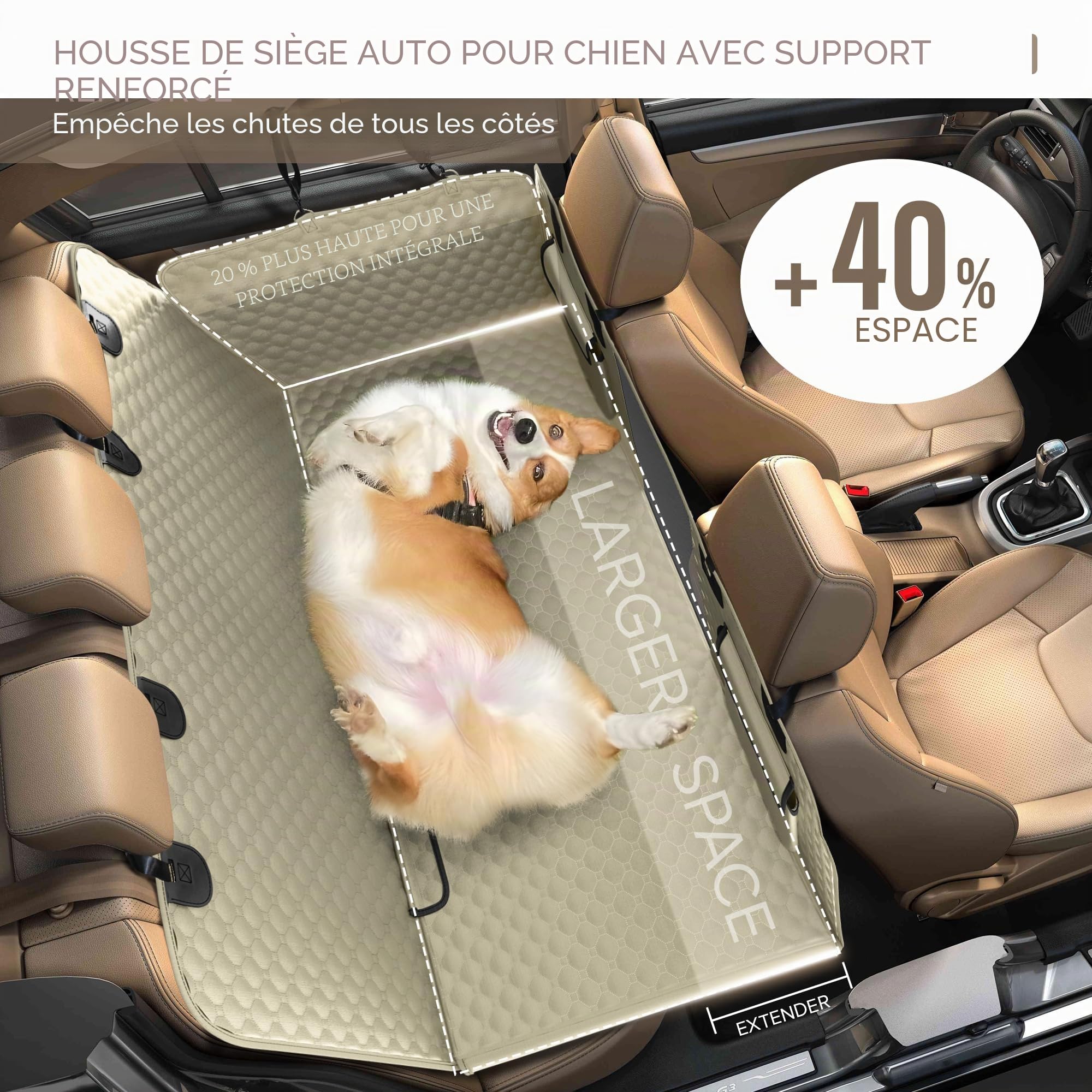 Extension de siège arrière pour chiens, housse de siège de voiture robuste pour siège arrière et masticateur agressif, grande housse de siège de voiture à fond rigide pour chiens, hamac pour chien,