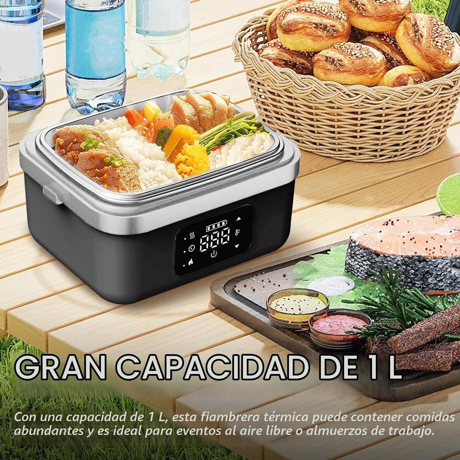 Fiambrera Eléctrica Portátil, Fiambrera Inalámbrica Autocalentable Recargable, 1L Fiambreras Bento Adultos con Calentamiento Programado, Fiambreras Comida para Comidas en Movimiento