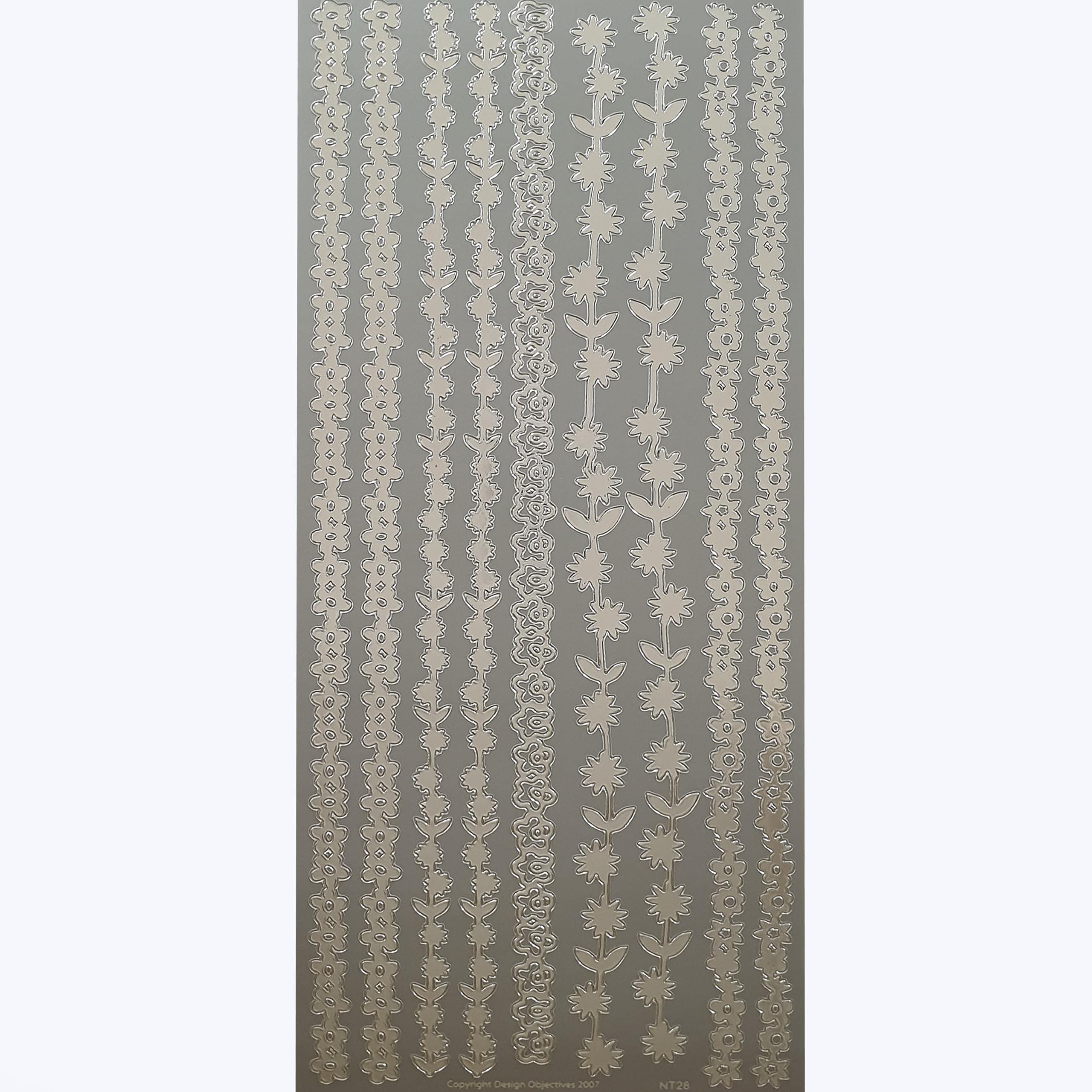 Pebble Eleven Silver Assorted Border Craft Stickers - Self Adhesive Outline Edge Trim For Card Making, 24 X 10 X 1 Cm (Floral )