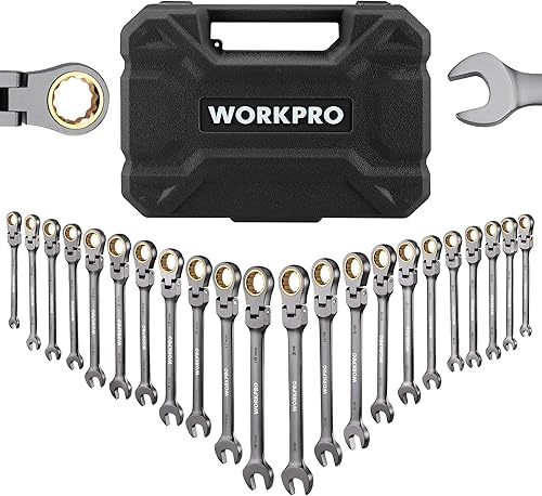 WORKPRO Juego de llaves de trinquete de cabeza flexible de 22 piezas, juegos de llaves combinadas de trinquete con caja organizadora, niquelado, 72