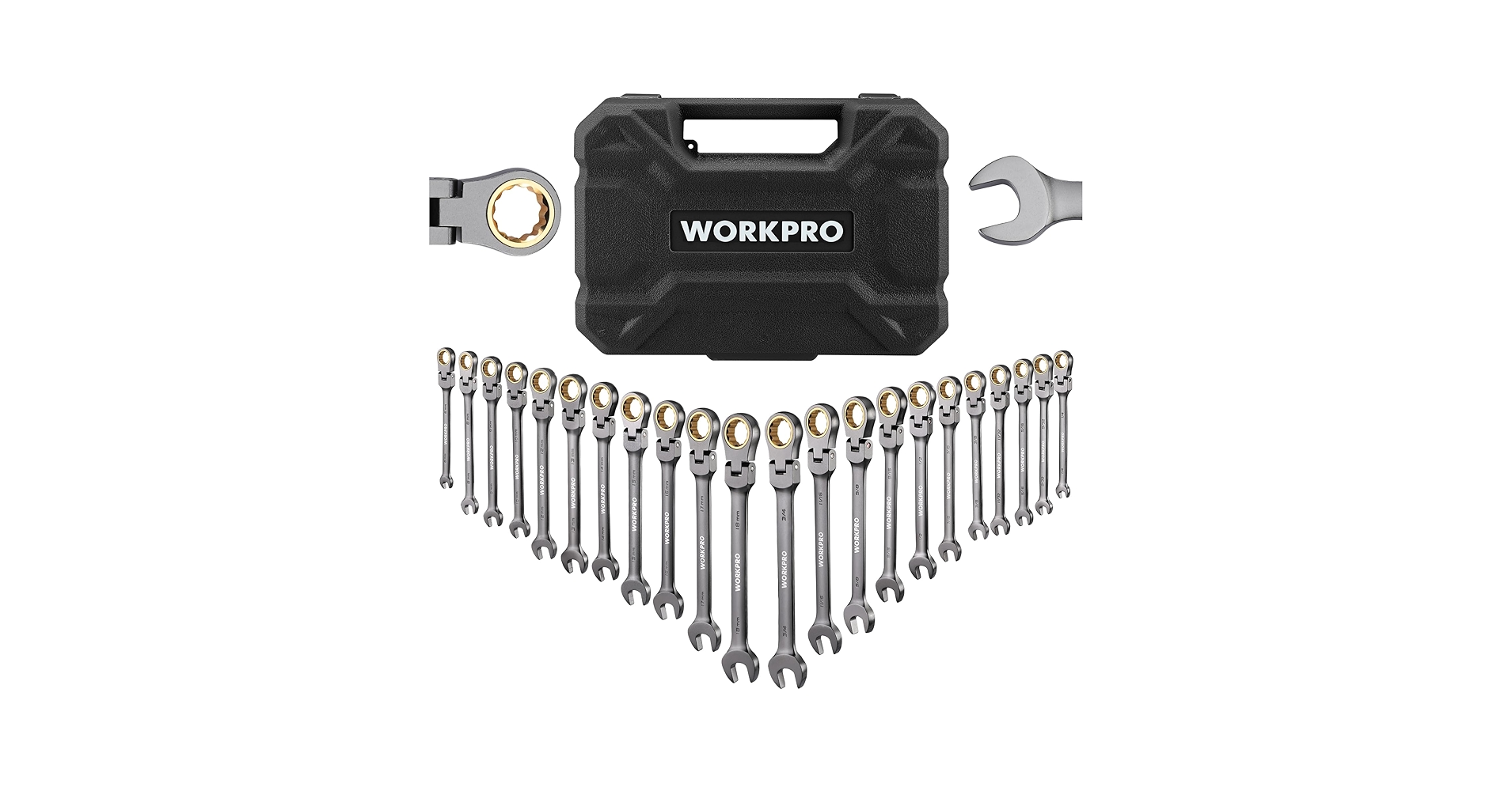 T22☆ WORKPRO 22-Piece Flex-Head Ratcheting Wrench Set, Ratchet