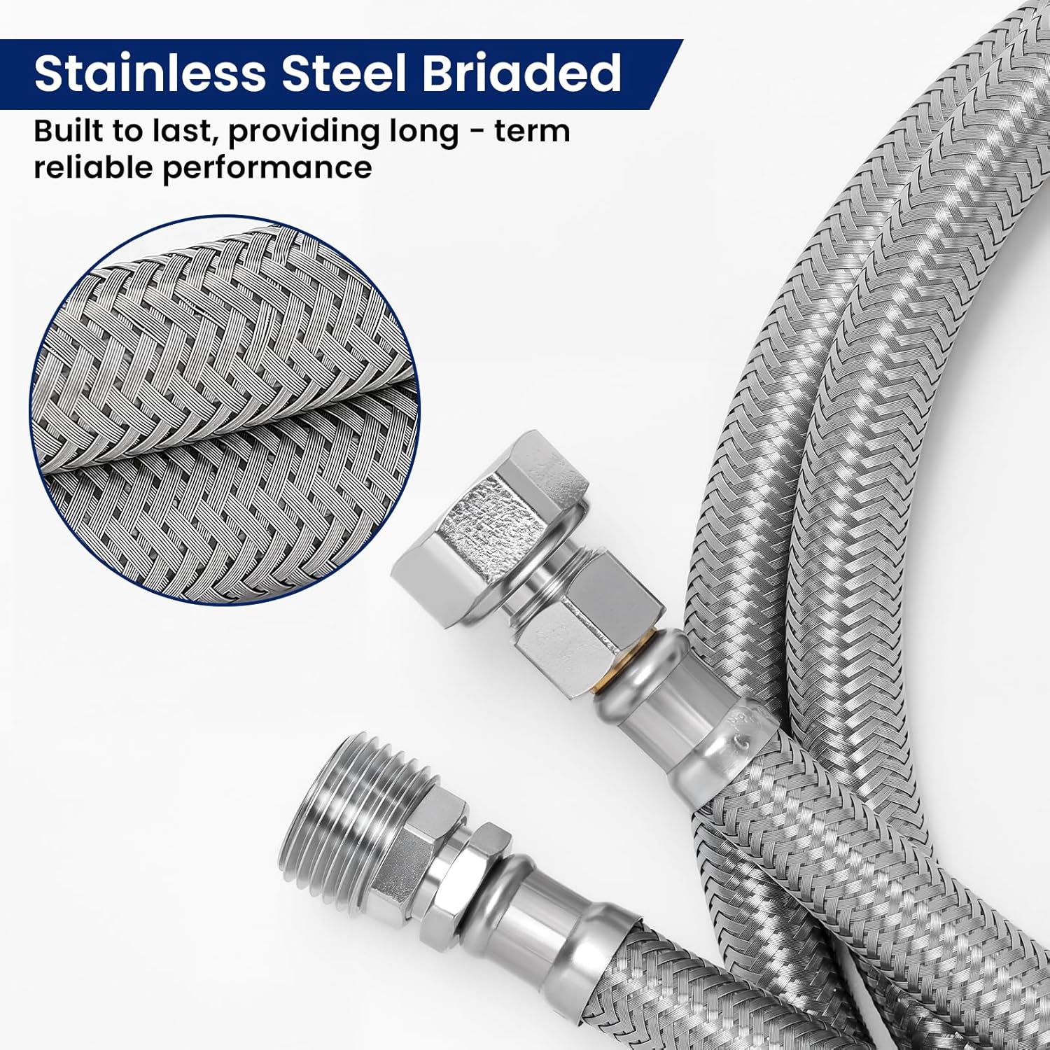 Solimeta Push-To-Connect Stainless Steel Hose Kit for Under Sink Water Filter, 3/8" Male/Female with 1/2" Adapters, 2.5FT