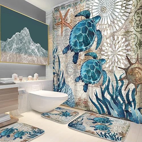 Miniatura 2 de Juego de baño de tortugas marinas náuticas de playa con cortina de ducha coral con estrellas de mar y alfombras de 20 x 31 pulgadas, accesorios de