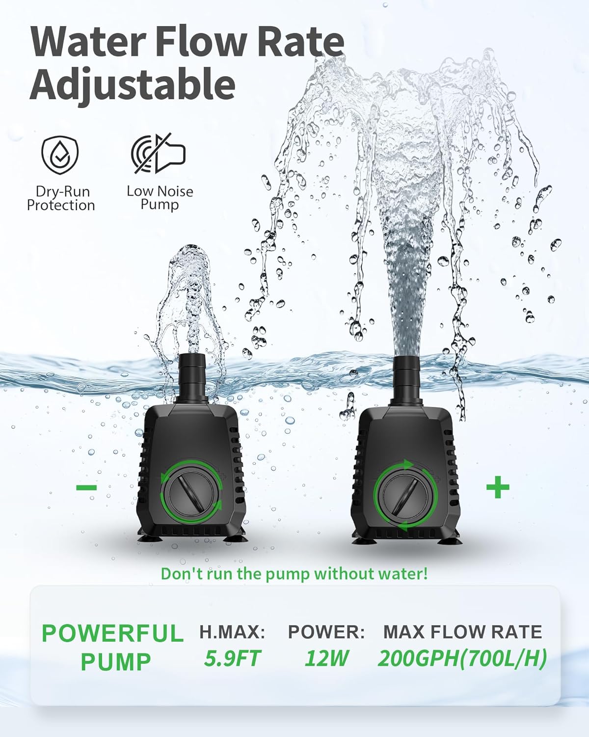 POPOSOAP 200GPH Submersible Water Pump, Water Fountain (700L/H, 12W) with 5.9FT High Lift Adjustable & 3 Nozzles & 9.8FT Cord, Ultra Quiet Aquarium Pump for Pond Fountain Waterfall Hydroponics-Q102