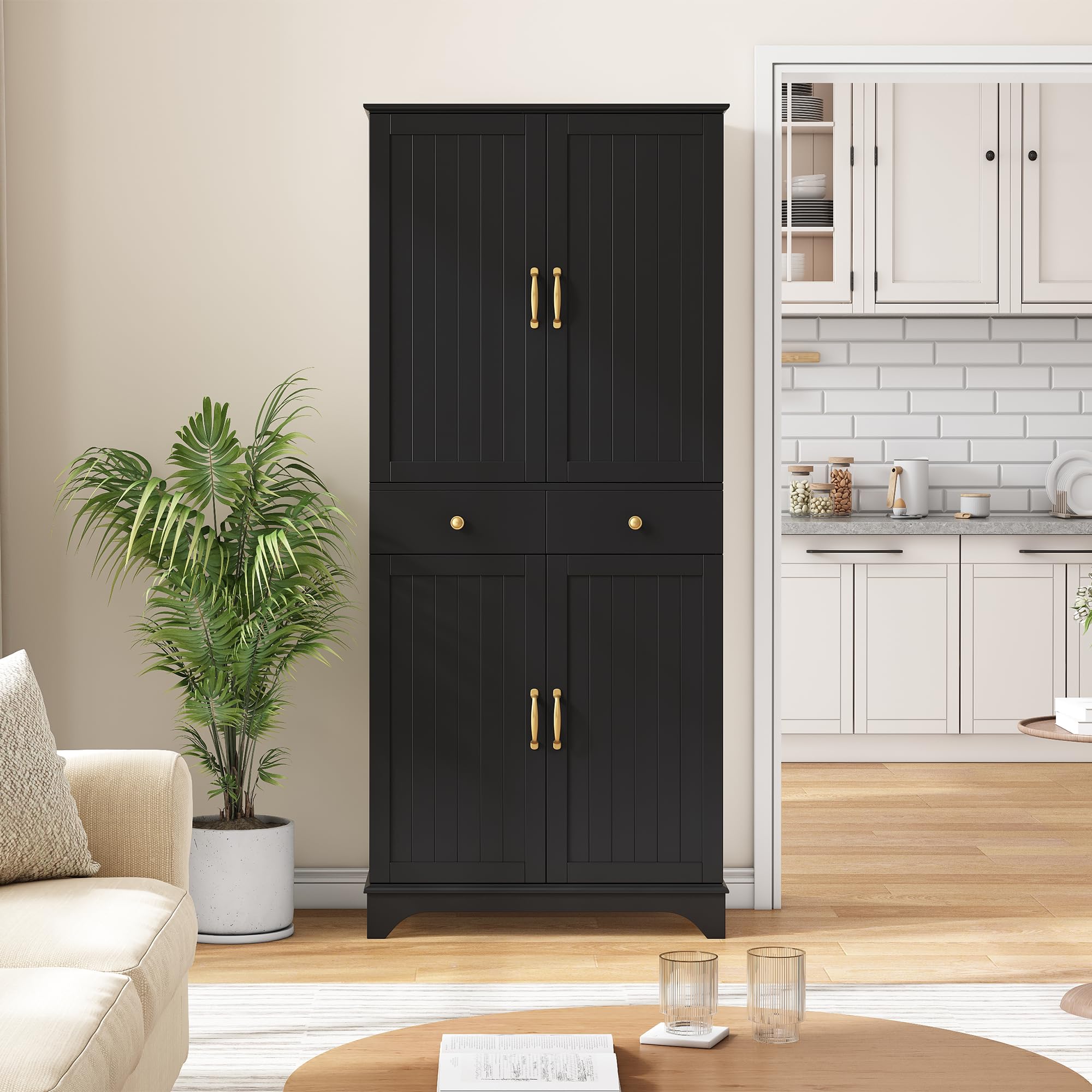 SUKY Armario alto con estantes ajustables y cajones, estantería con estantes extensibles y puertas de frigorífico, ideal para comedor, salón y cocina, 77 × 40 × 181 cm, color negro