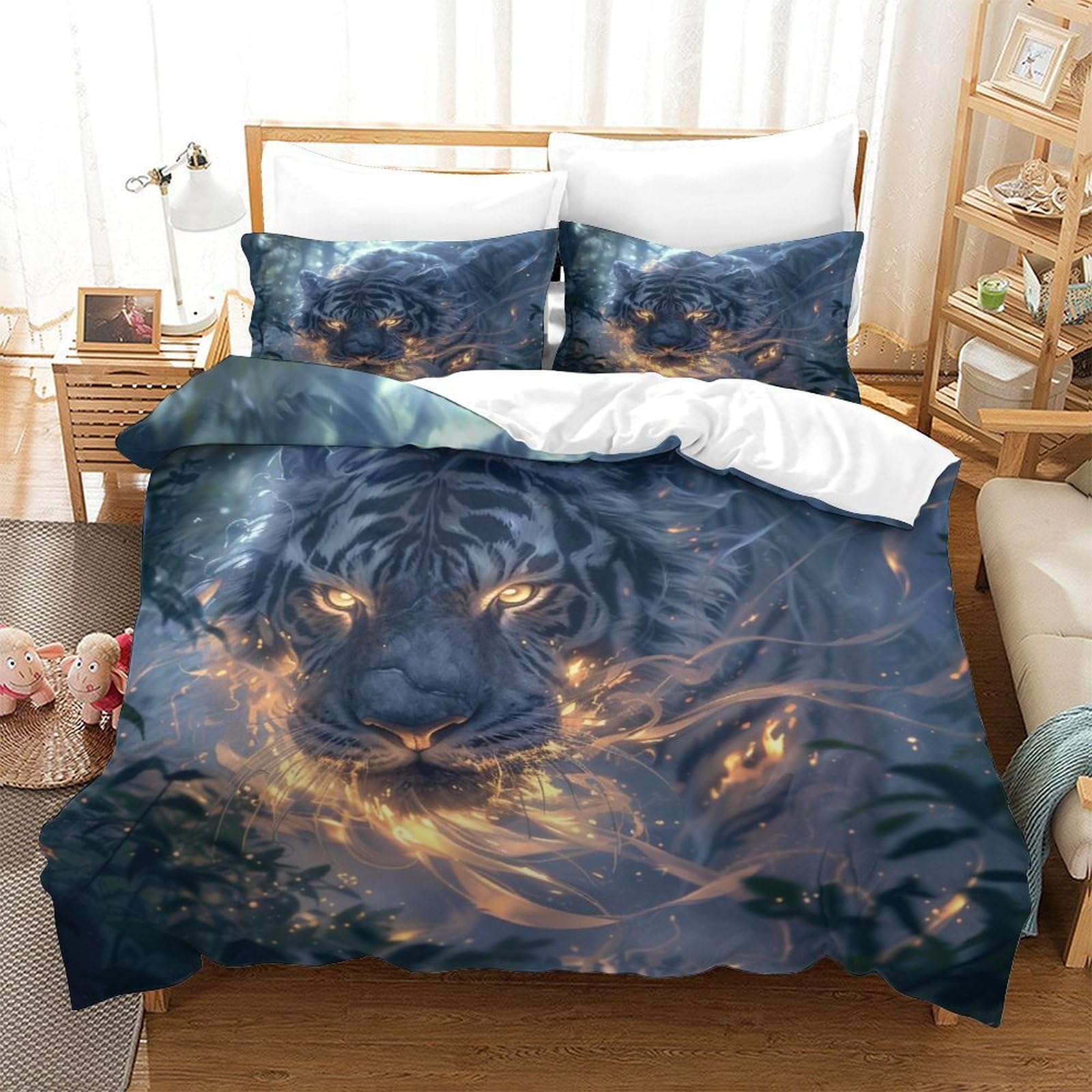 Housse de couette 260x220cm tigre 3D anti-plis en microfibre douce avec 2 taies