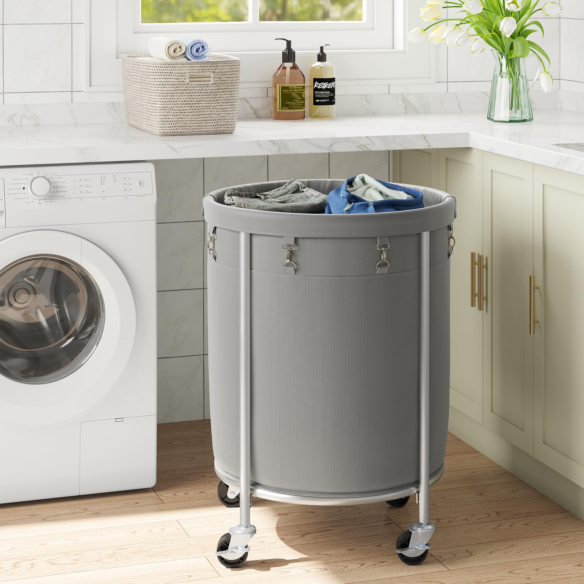 ELYKEN Cesto portabiancheria con ruote, cesto portabiancheria con borsa rimovibile e telaio in acciaio, carrello rotondo con 4 ruote, ideale per camera da letto, bagno, lavanderia, grigio