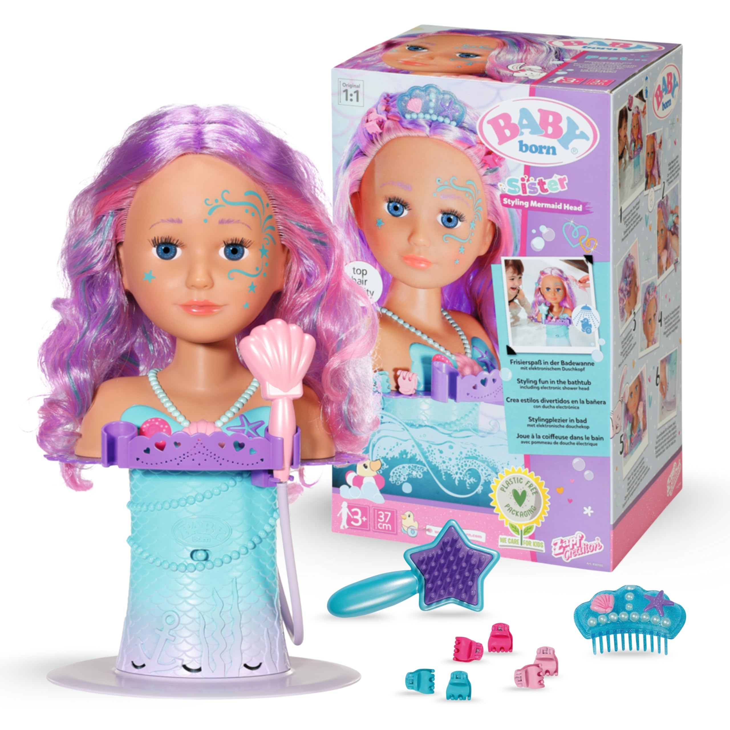 Baby Born Cabeza de Sirena – Cabeza giratoria con función de Agua, Apta para la bañera - Incluye Cepillo, Diadema y Accesorios - Desde 3 años