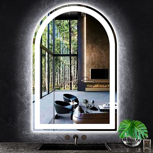 Espejo de tocador de baño de 36 x 24 pulgadas con arco de luz, espejo LED para baño montado en la pared, espejo iluminado arqueado, antiniebla,