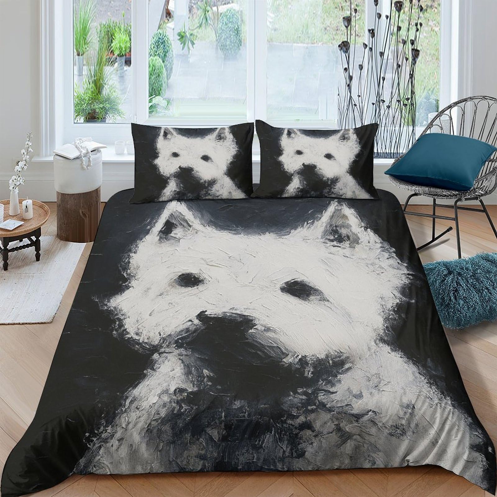 GPLZQXKJNH 3D Printed White Westie Dog Duvet Cover Microfiber Soft Breathable Animal Bedding Set with 2 Pillowcases for Bedroom Decor Single（135x200cm）