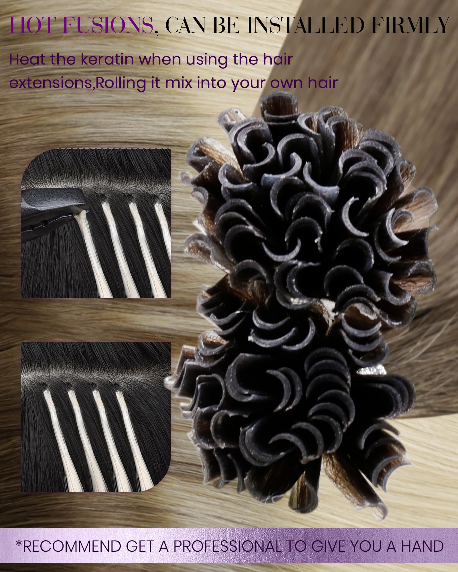 LaaVoo Human Hair Extensions U Tip Real Blonde, Remy Straight Balayage Light Brown to Bleach Blonde Real Hair Extensions, Hot Fusion for Invisible & Stable 50s 50g 16 Inch #8/59 - Image 3