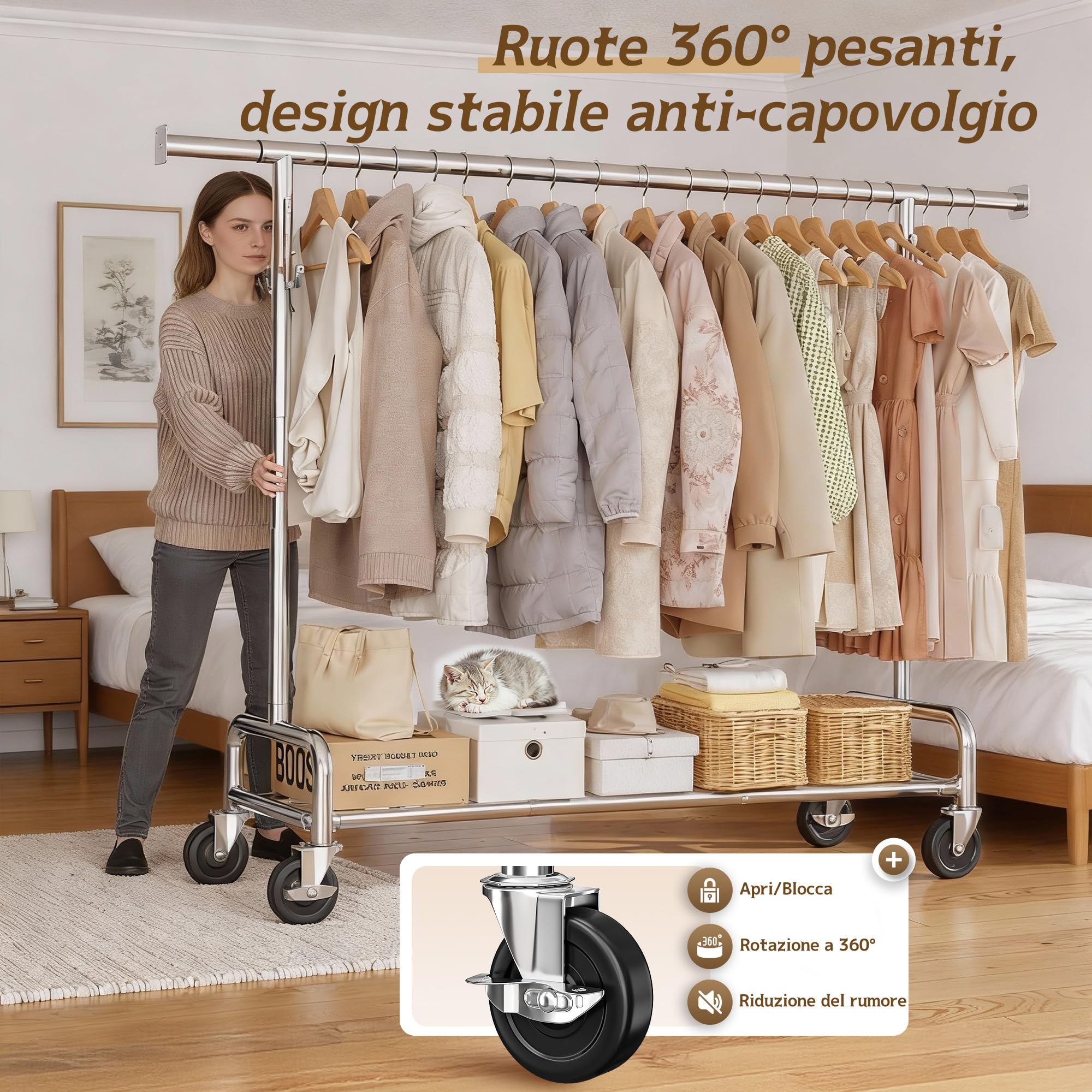 131–189cm Estensibile Stand Appendiabiti con Ruote per Cappotto | 140KG Portata massima, 146-170cm Regolabile in Altezza, per Giacca, Maglioni, Camera da letto, Dormitorio, Argento