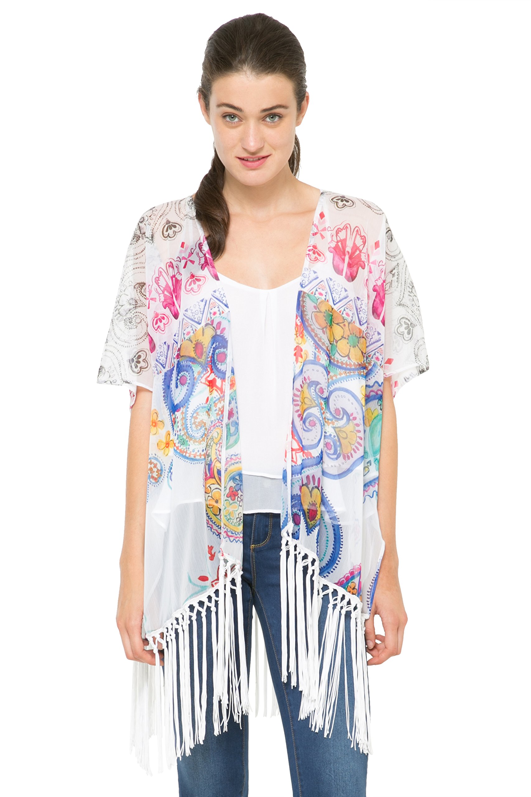 Desigual Women's White Bright White Mayo Fringed Floral Kimono Blouse Uk 10 Medium