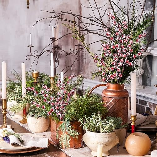 Miniatura 5 de Whaline Paquete de 12 púas de bayas artificiales de Navidad de invierno, tallos de bayas rojas esmeriladas de 11.8 pulgadas, ramas falsas de bayas