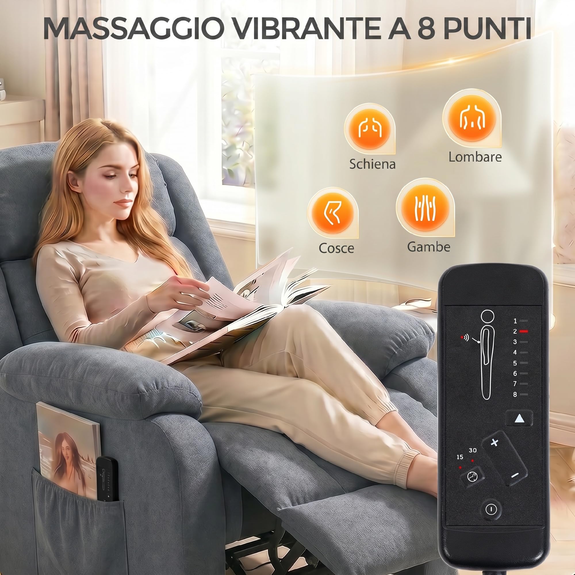 HOMCOM Poltrona Elettrica Alzapersona Reclinabile 135° Seduta Ampia Grigio | , Poltrona Relax in Tessuto Effetto Lino per Anziani, 8 Punti Massaggio Vibrante, Telecomando, Poggiapiedi, Tasche Laterali