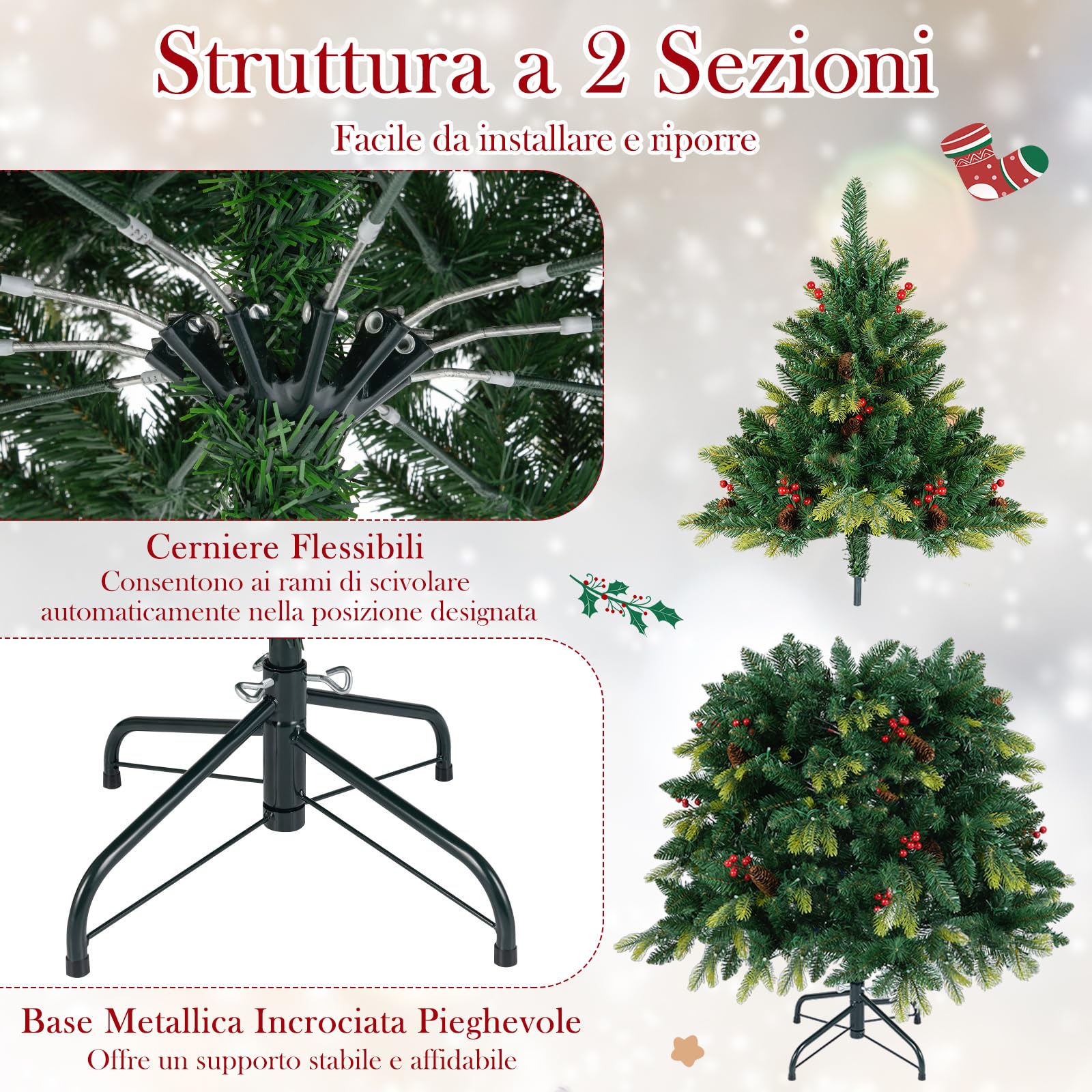 COSTWAY Albero di Natale Artificiale 150/180 cm, con 250/370 Luci RGB Multicolori Controllabili tramite APP, 584/1054 Rami in PE & PVC, 23/41 Pigne e 23/41 Bacche Rosse e Controllo Remoto (150 cm)