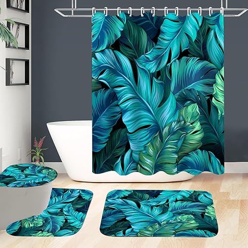 Miniatura 5 de XSWPL Juego de cortinas de ducha verdes para baño, juego de cortinas de ducha tropical con alfombras antideslizantes, cubierta para tapa de inodoro