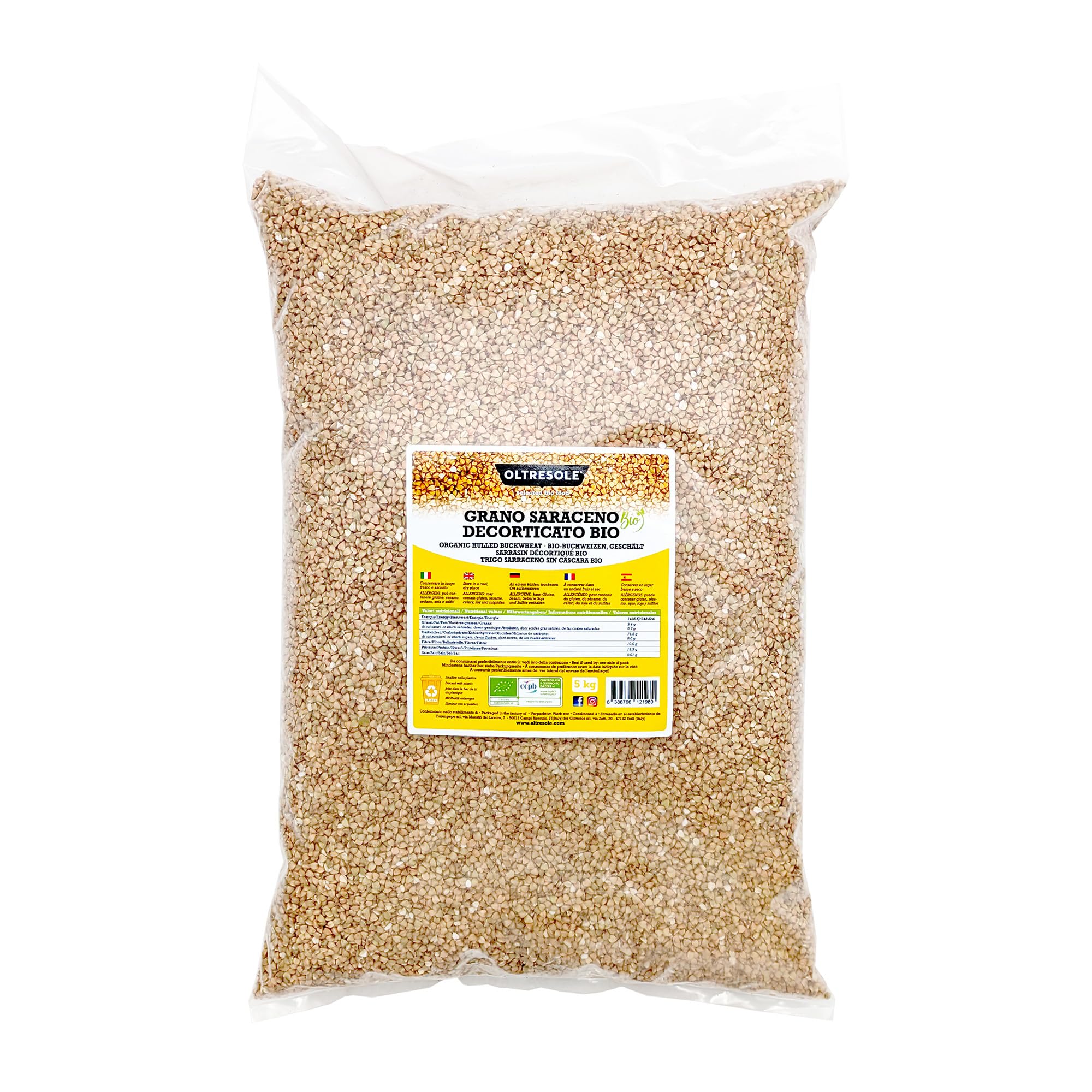 Oltresole, Trigo sarraceno biológico decorticado 5 Kg, Grano crudo no tratado térmicamente, de agricultura biológica, Formato Conveniente