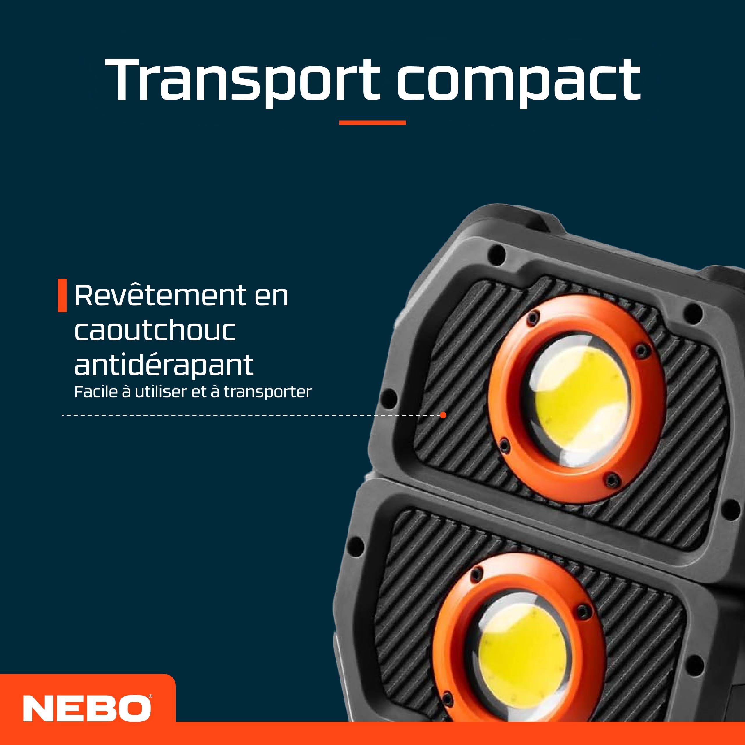 NEBO Omni 3K - Lampe de travail pour les professionnels - Résistante aux chocs et à l'eau - Avec double sortie COB - Torche portable rechargeable USB-C avec poignée magnétique rotative