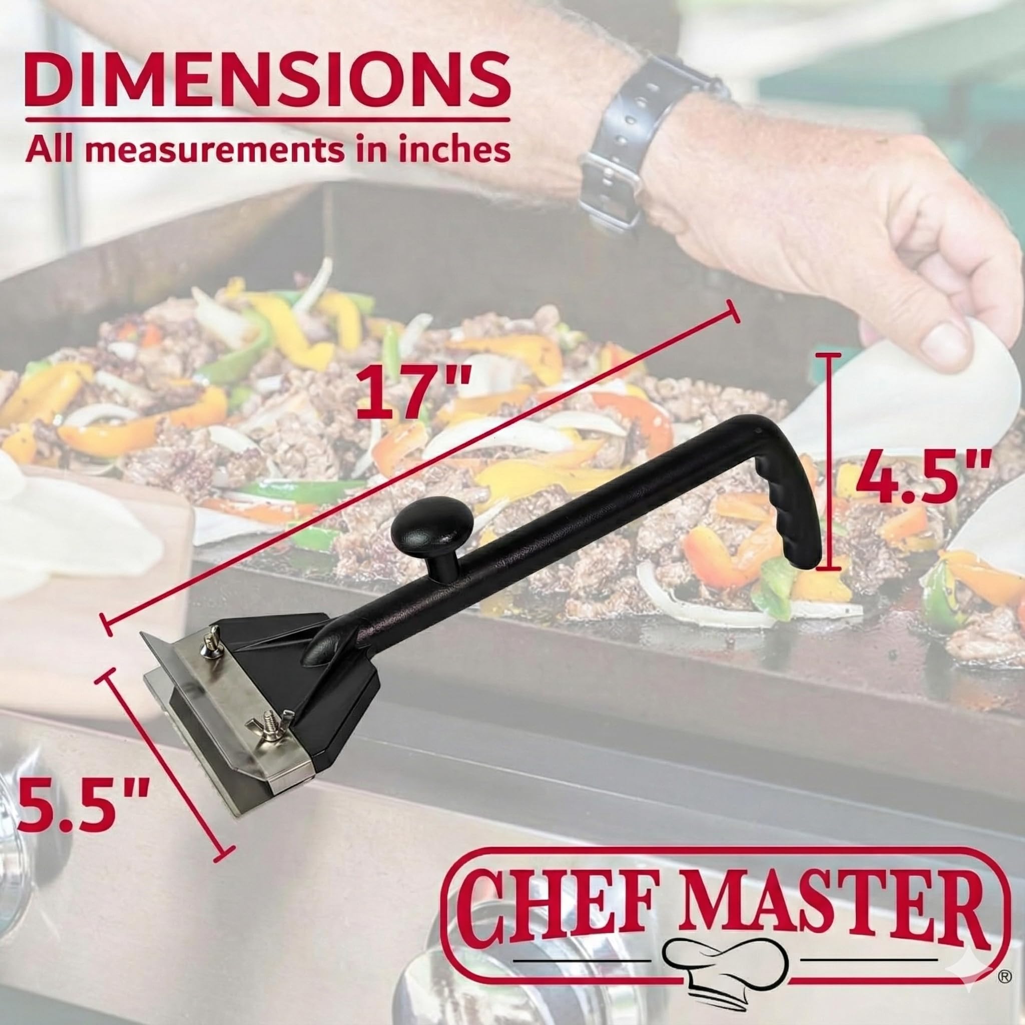 Chef Master Komercyjny skrobak do grilla, płaski żelazny skrobak do grilla, profesjonalna jakość klasy restauracyjnej, skrobak do grilla Blackstone, długi uchwyt dla dodatkowej ochrony, model 90254