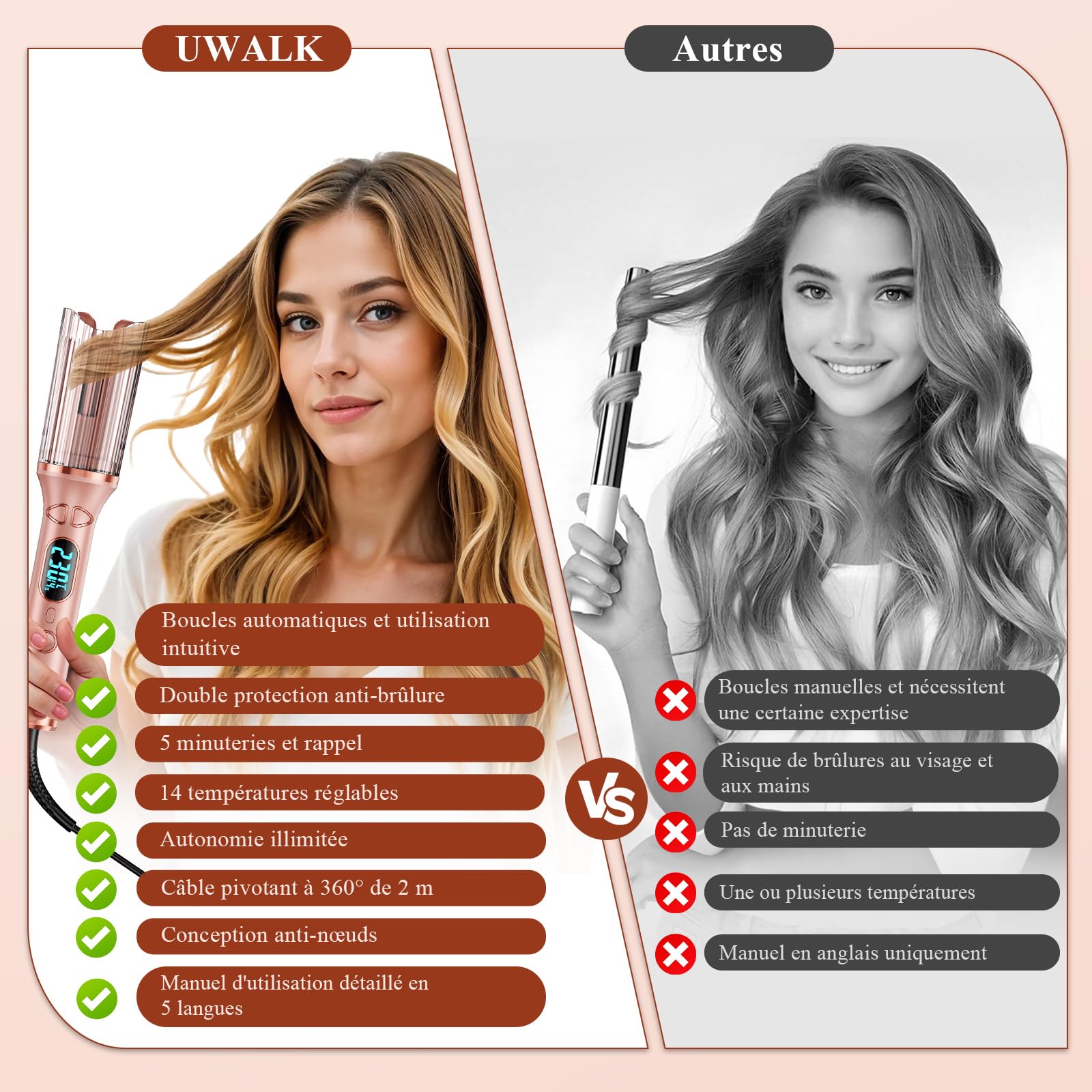 Boucleur a Cheveux Automatique Boucler: 25mm Fer a Boucler Automatique avec 14 Niveaux de Température et 5 Minuteries - Beach Waves Fer à Friser Long Cheveux avec Écran LED, Protection Anti-Brûlure