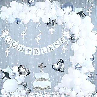 Elkanah Baptism Decorations Boys Girls First Communion Decorations Baptême Christening Decor God Bless Banner Cross Cake Topper Balloon Arch Garland 1st Holy Communion Confirmation Première Communion