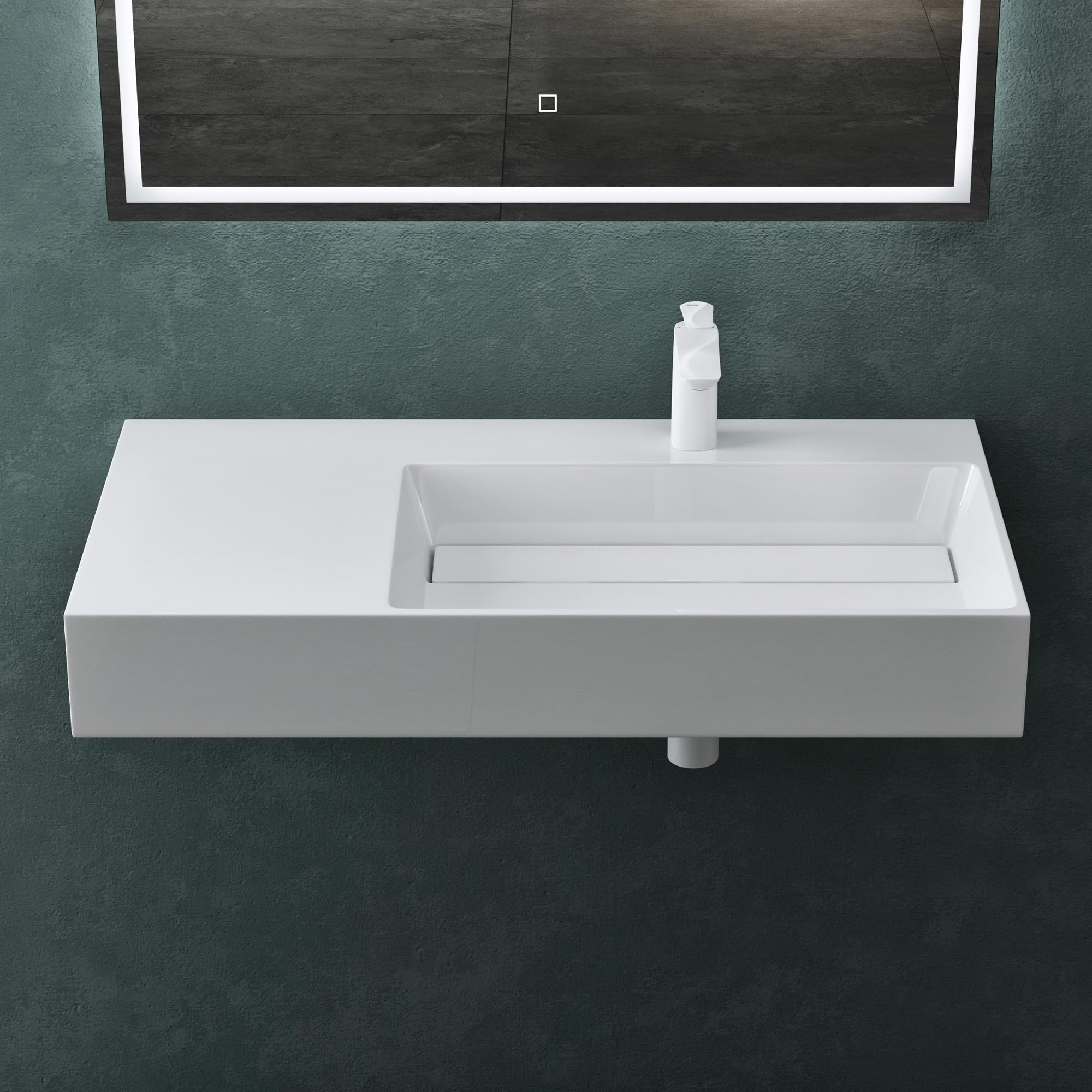 Mai & Mai Lavabo Derecho sobre Encimera 100cm Blanco Col12 | Lavabo Suspendido Mármol Fundido, con Orificio para Grifo y Válvula Desagüe, Conexión Estándar DIN, Tapa de Desagüe Oculta