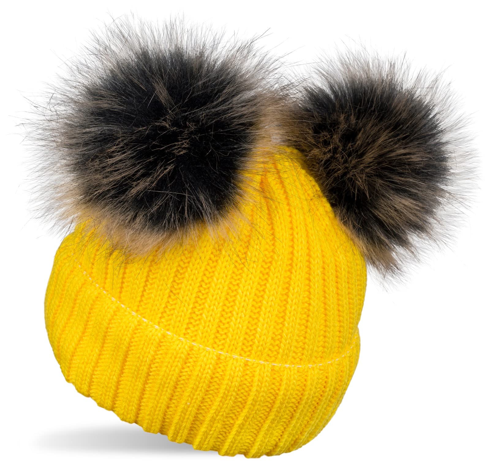 Stylebreaker Yellow Kids Knitted Bobble Hat With 2 Faux Fur Pom Poms And Fleece Lining, Winter Beanie, Knitted Hat, 2-5 Years 04024203, Colour: