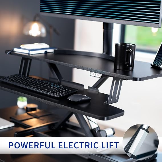 VIVO 91cm Electric Motor Desk Converter, Height Adjustable Riser, Sit to Stand Dual Monitor and Laptop Workstation with Wide Keyboard Tray, Black, DESK-VE36B