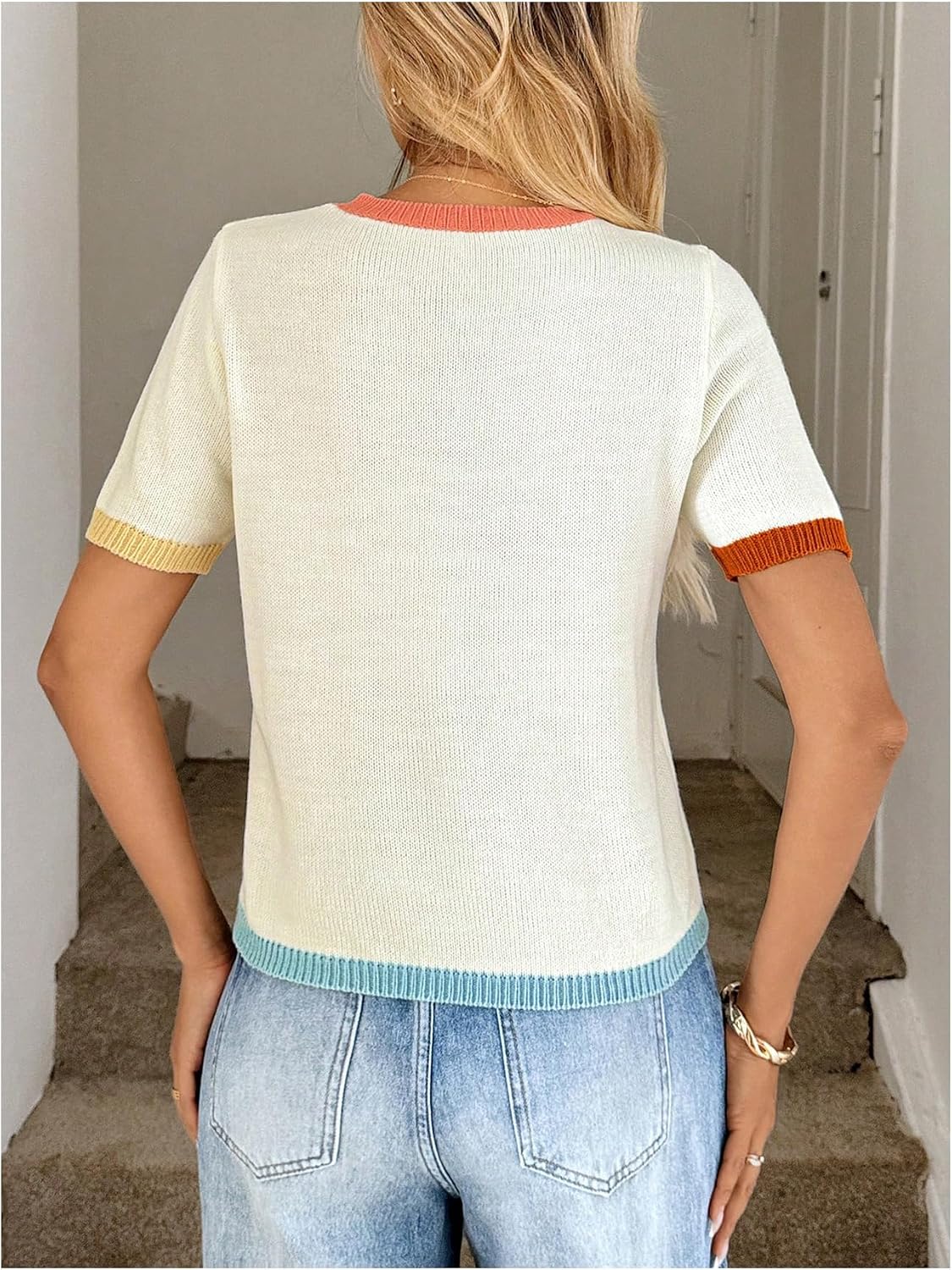 SOLY HUX Women's Short Sleeve Sweater Crewneck Pullover Ribbed Knit Summer Tops Knitwear