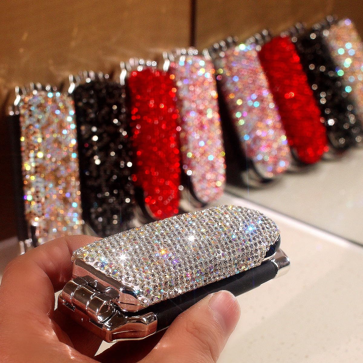 Bling Luxuriöser tragbarer faltbarer Haarkamm mit Spiegel, Wasser-Strass-Design, 20 cm extra lange Zähne, Kissenbürste für Damen, stilvoll, kompakt, für Reisen, Rot