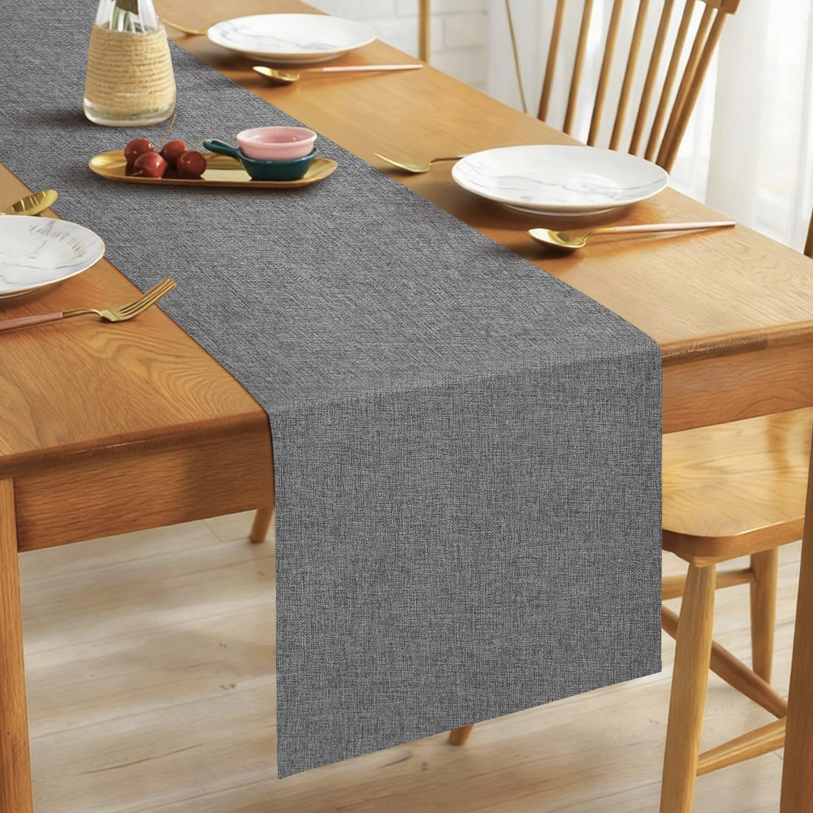 Alaoo Linen Table Runner, 40 * 140cm Elegant Rustic Farmhouse Table Runner, Washable Kitchen Dining Table Decoration for Dining Holiday Parties and Everyday Use, Dark Gray — image 1