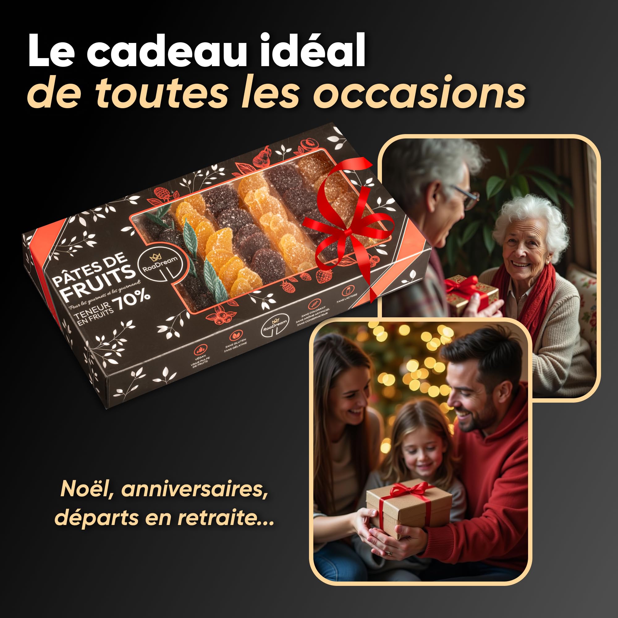 Pâtes de fruits Artisanales - boite cadeau 1 KG - Saveurs multi fruits - (sans gluten, sans colorant, sans arôme artificiel, sans lactose, sans conservateur) - teneur en fruits de 70%
