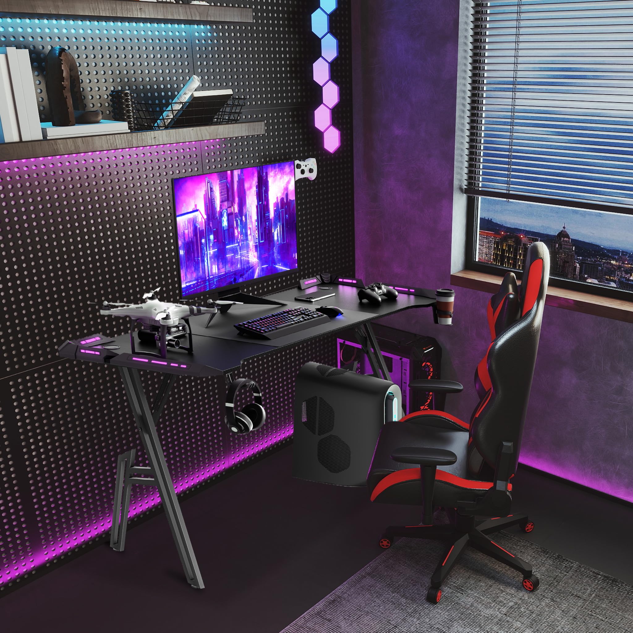 Aufun Scrivania da gioco Bureau Gaming Table Gaming con LED per computer, tavolo da gioco, 120 x 60 cm, stabile scrivania in PC con rivestimento in fibra di carbonio, tavolo da gioco ergonomico