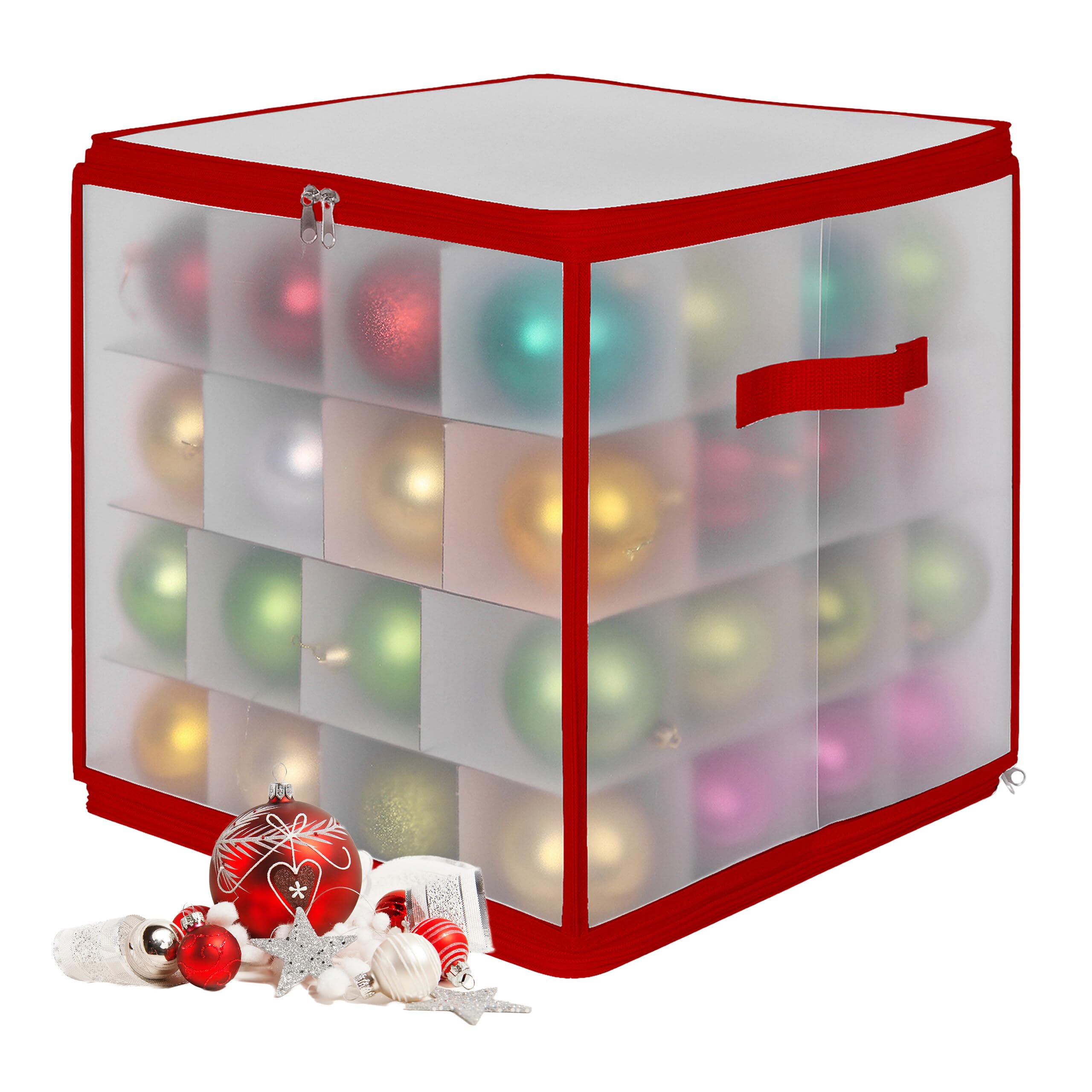 Relaxdays Christmas bauble storage box, 64 baubles, HxWxD: 36x36x36 cm, plastic, cardboard, bauble box, transparent/red