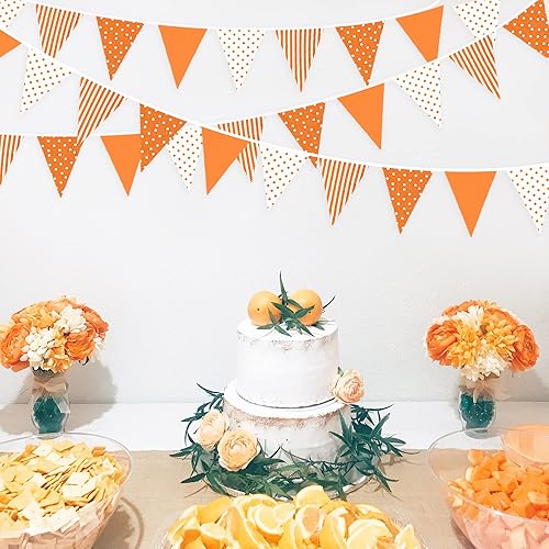 Miniatura 3 de Bandera triangular de punto naranja de 32 pies con rayas naranjas de tela, guirnalda de banderines de algodón para decoración de otoño, boda, fiesta